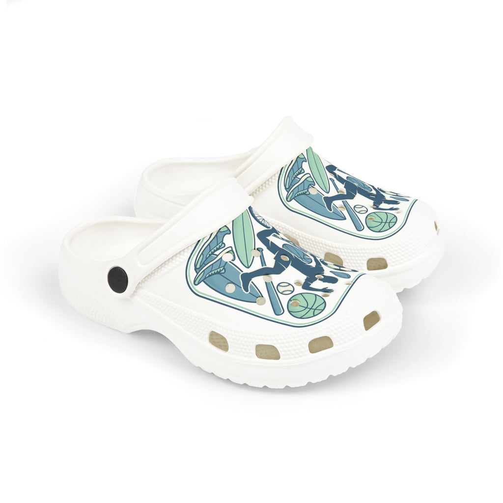 Kids Sports Pattern Foam Clogs — Athletic Soccer, Basketball & Bike Design