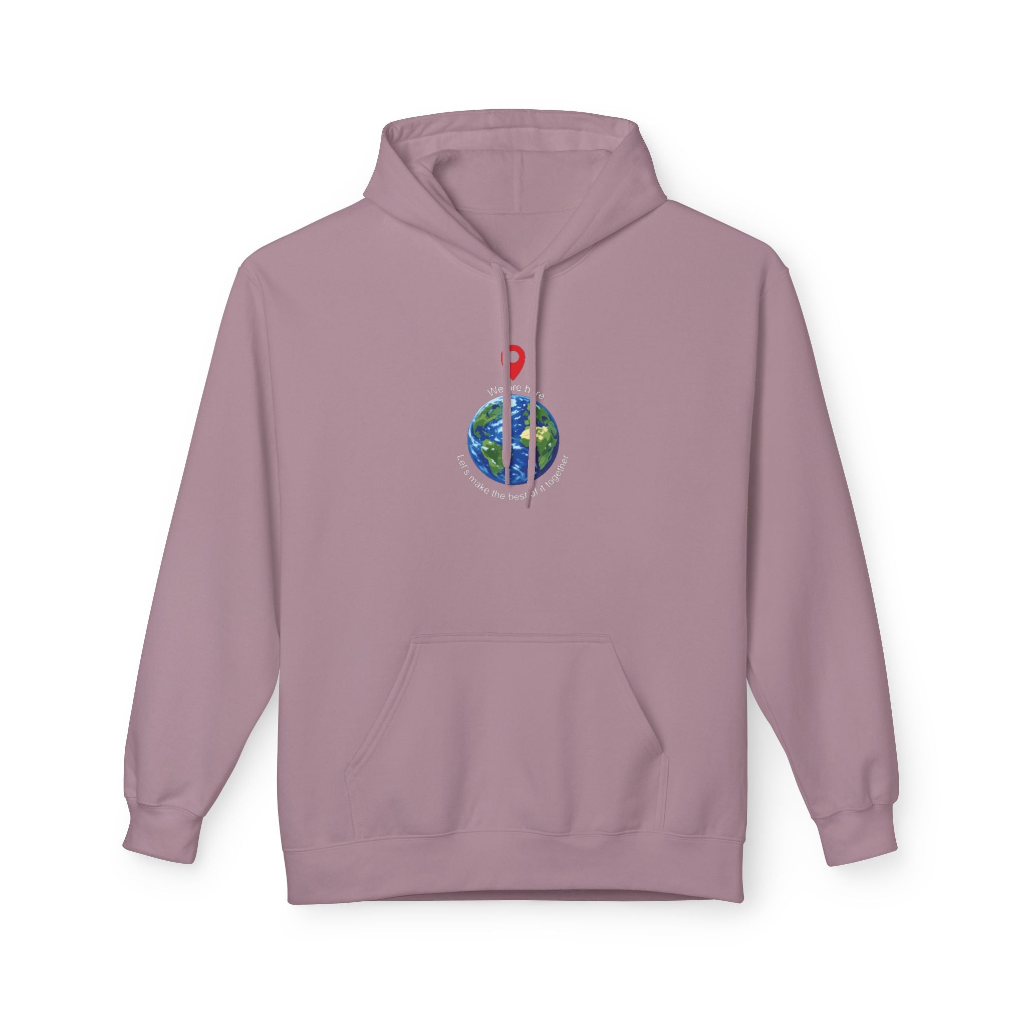 Unisex pullover hoodie with We Are Here emblem in front