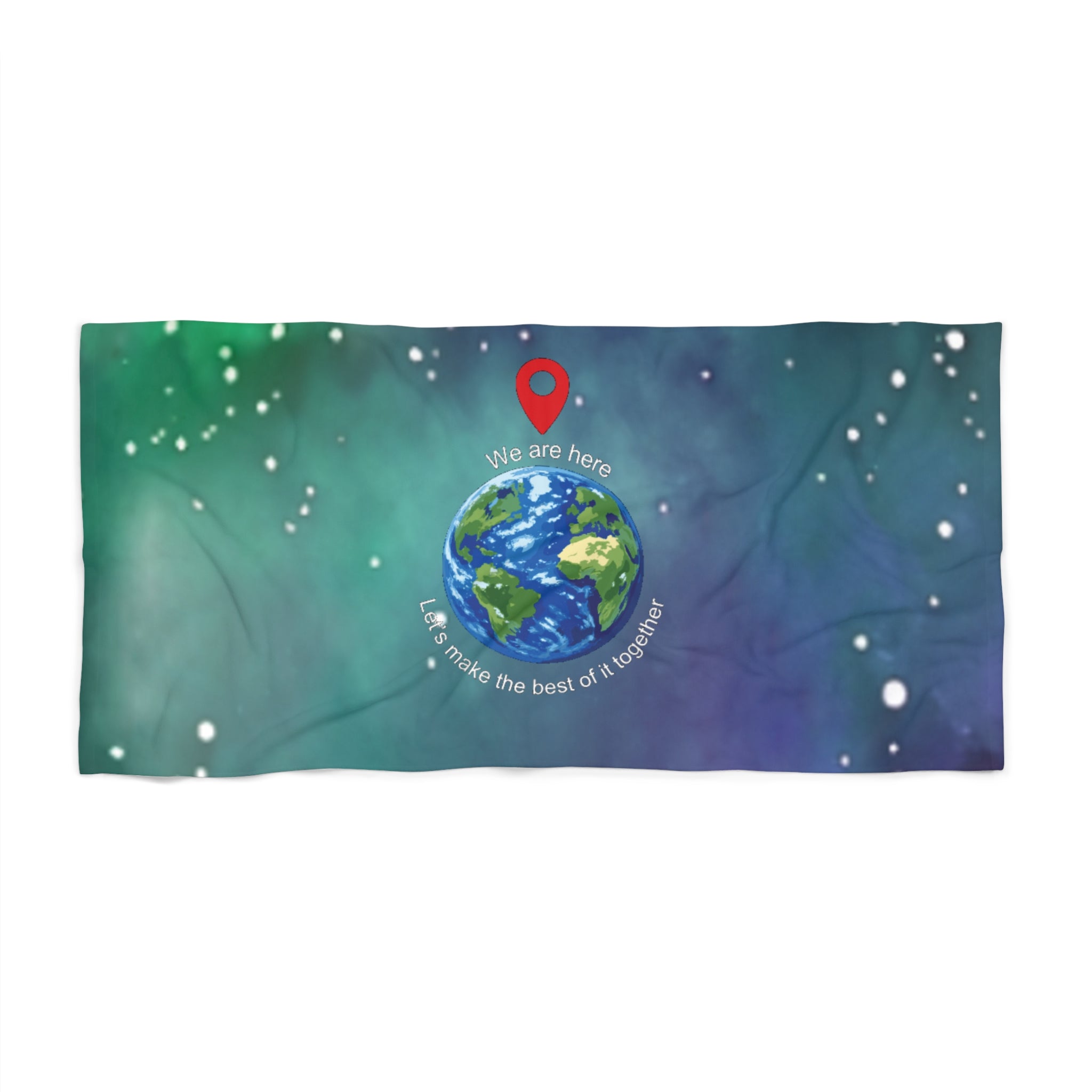Beach Towel - “We Are Here” Earth Design with GPS Pin | Inspirational Travel & Eco Vibe