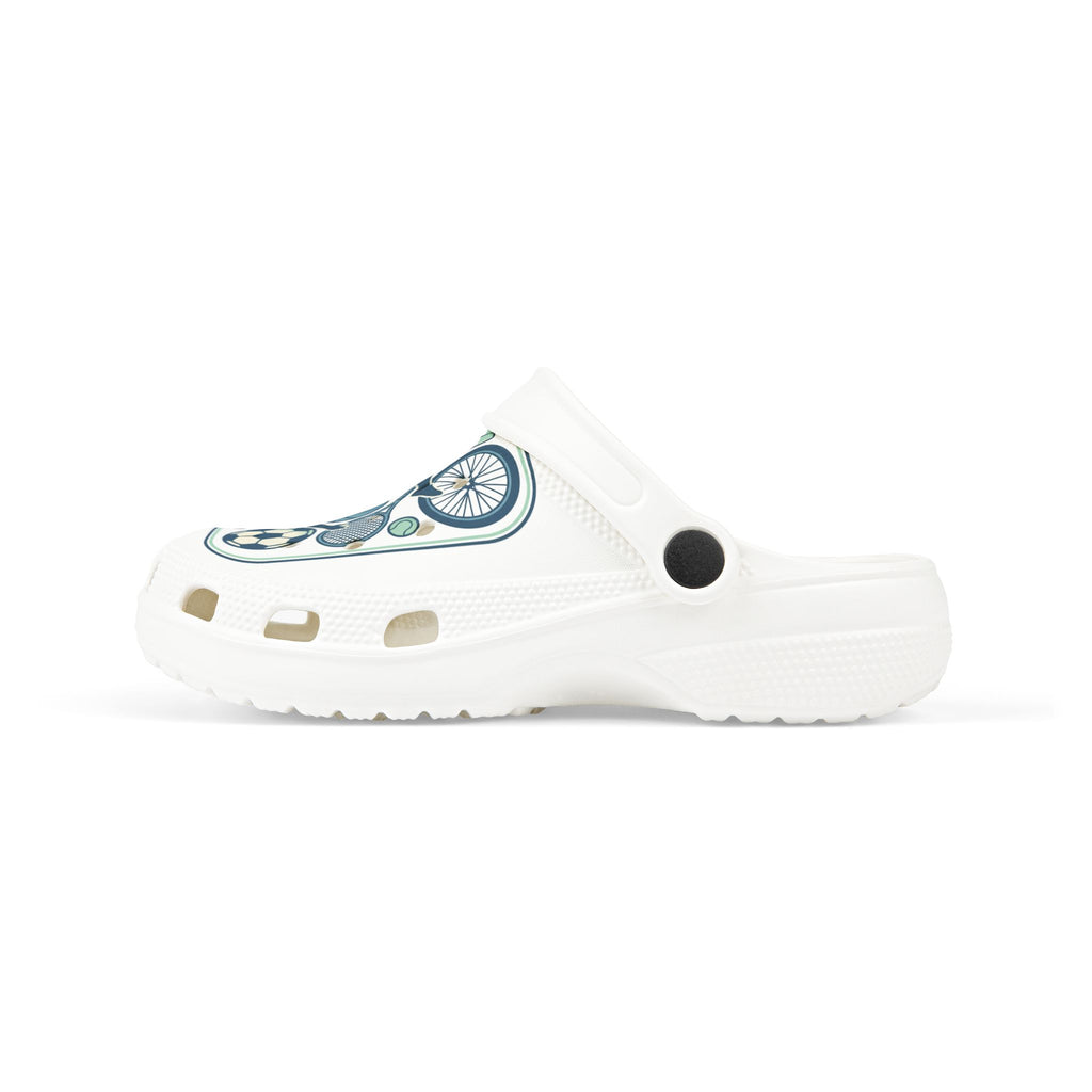 Kids Sports Pattern Foam Clogs — Athletic Soccer, Basketball & Bike Design