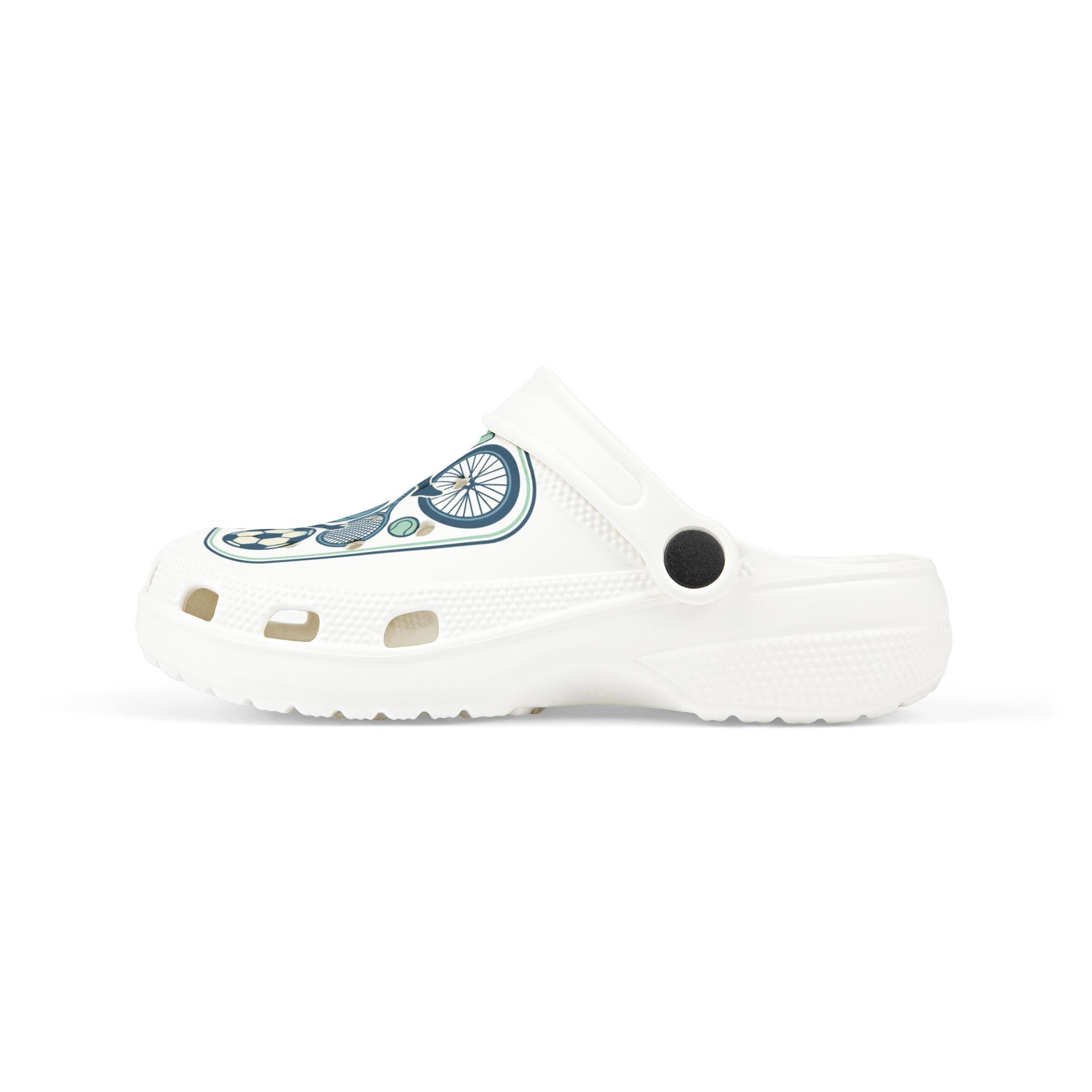 Kids Sports Pattern Foam Clogs — Athletic Soccer, Basketball & Bike Design