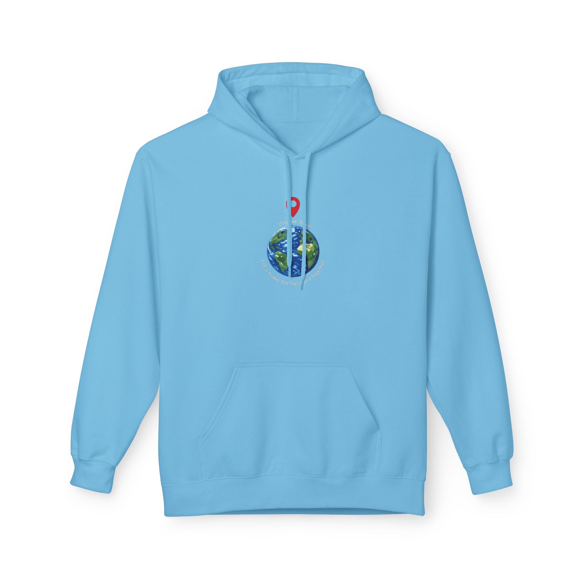 Unisex pullover hoodie with We Are Here emblem in front