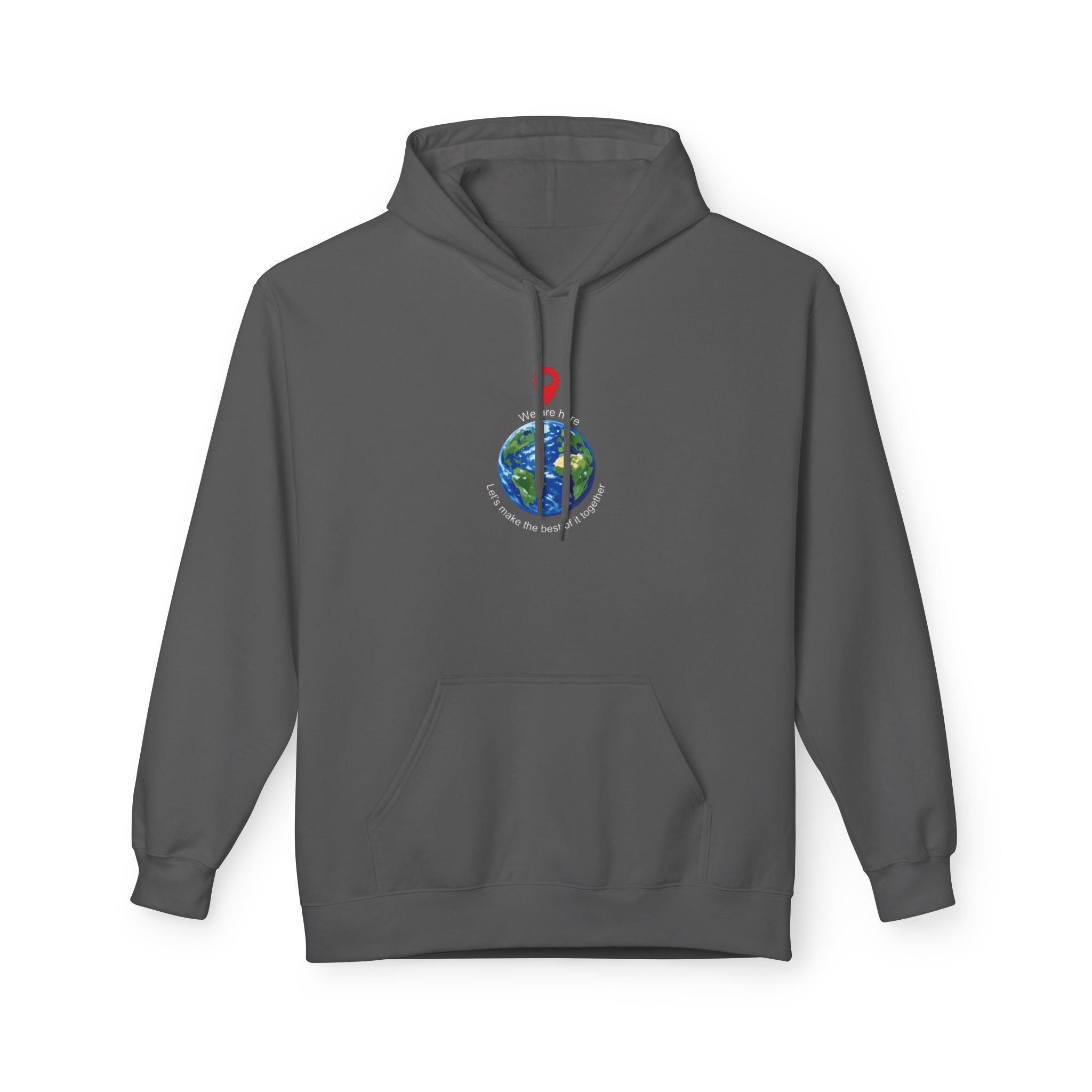 Unisex pullover hoodie with We Are Here emblem in front