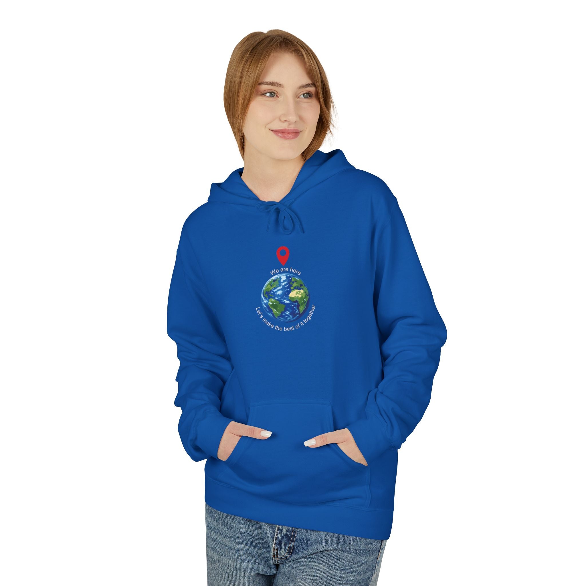 Unisex pullover hoodie with We Are Here emblem in front