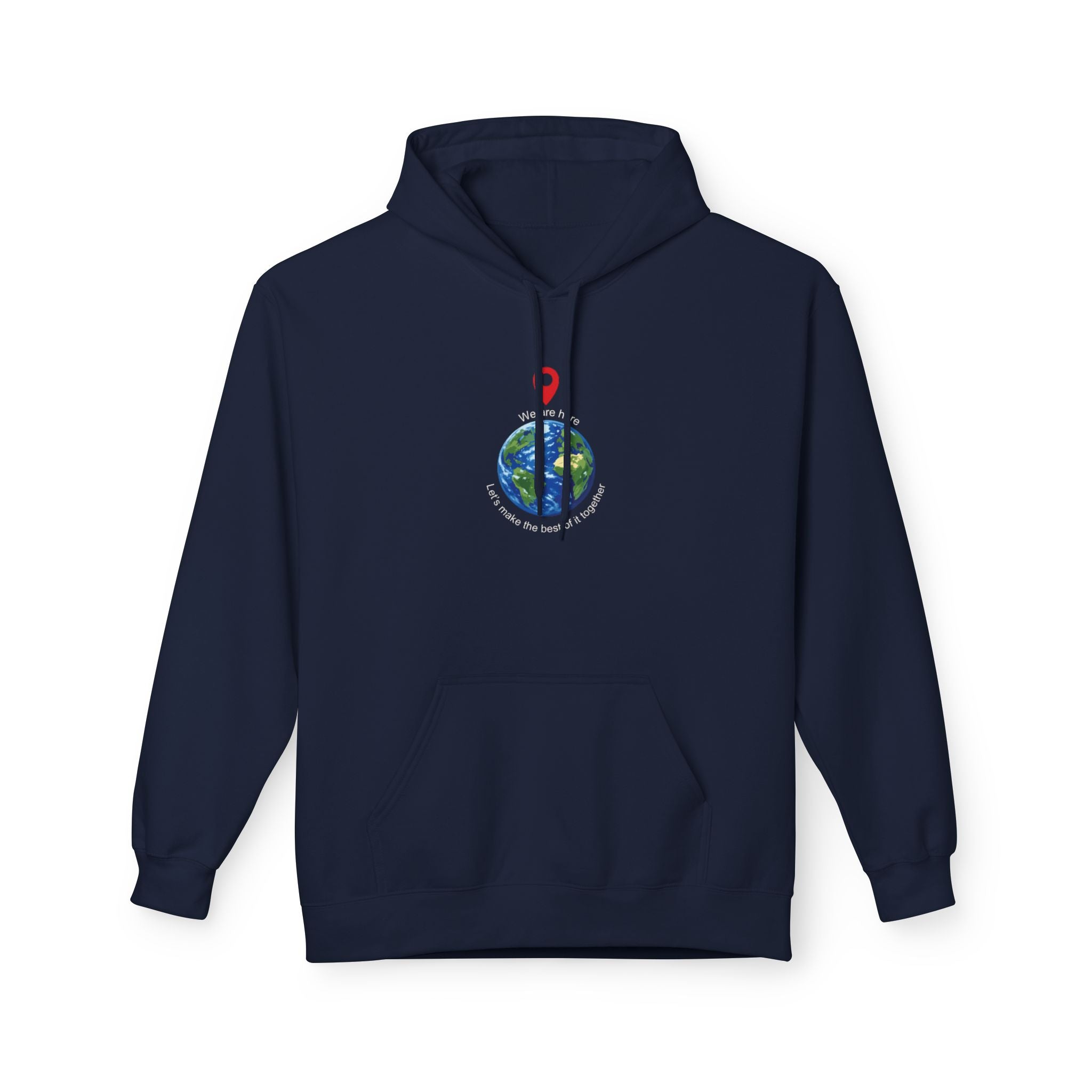 Unisex pullover hoodie with We Are Here emblem in front