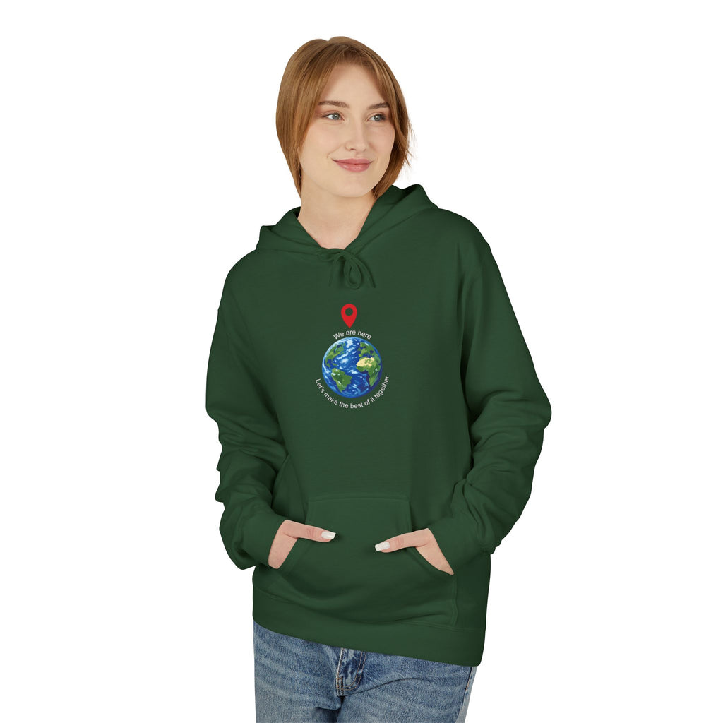 Unisex pullover hoodie with We Are Here emblem in front