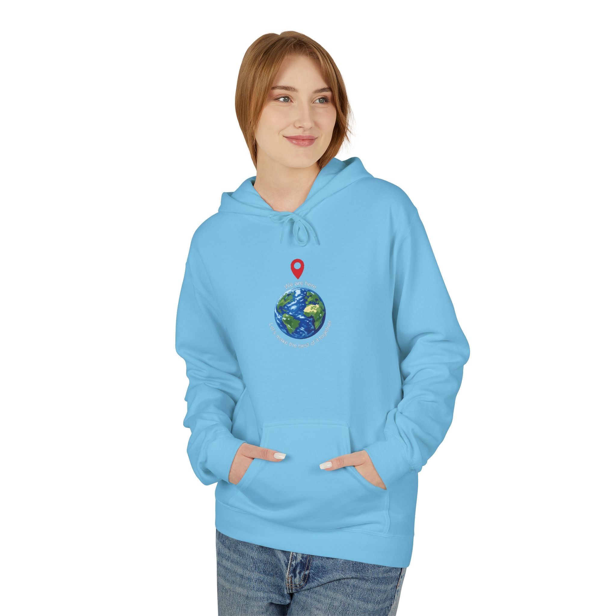 Unisex pullover hoodie with We Are Here emblem in front