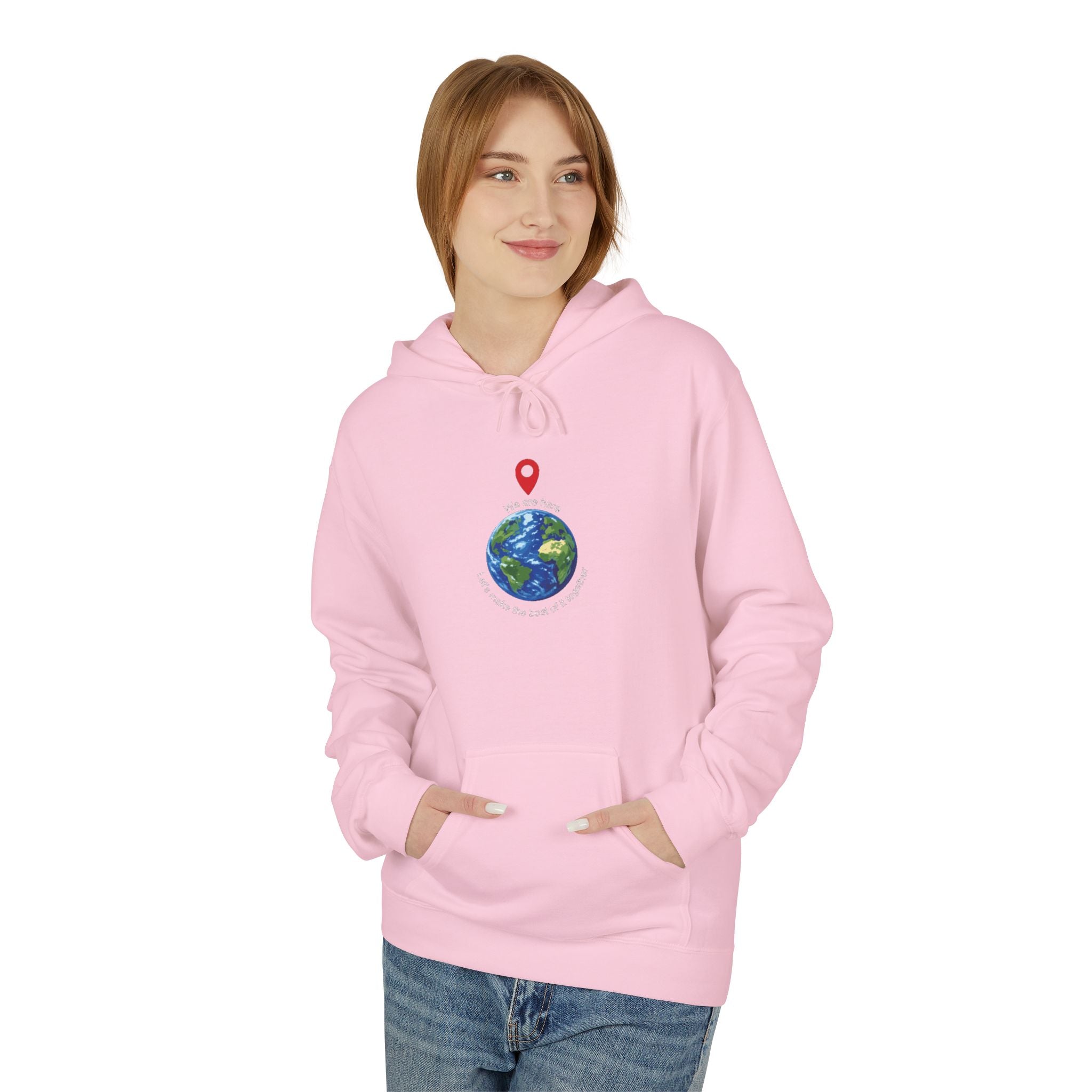 Unisex pullover hoodie with We Are Here emblem in front