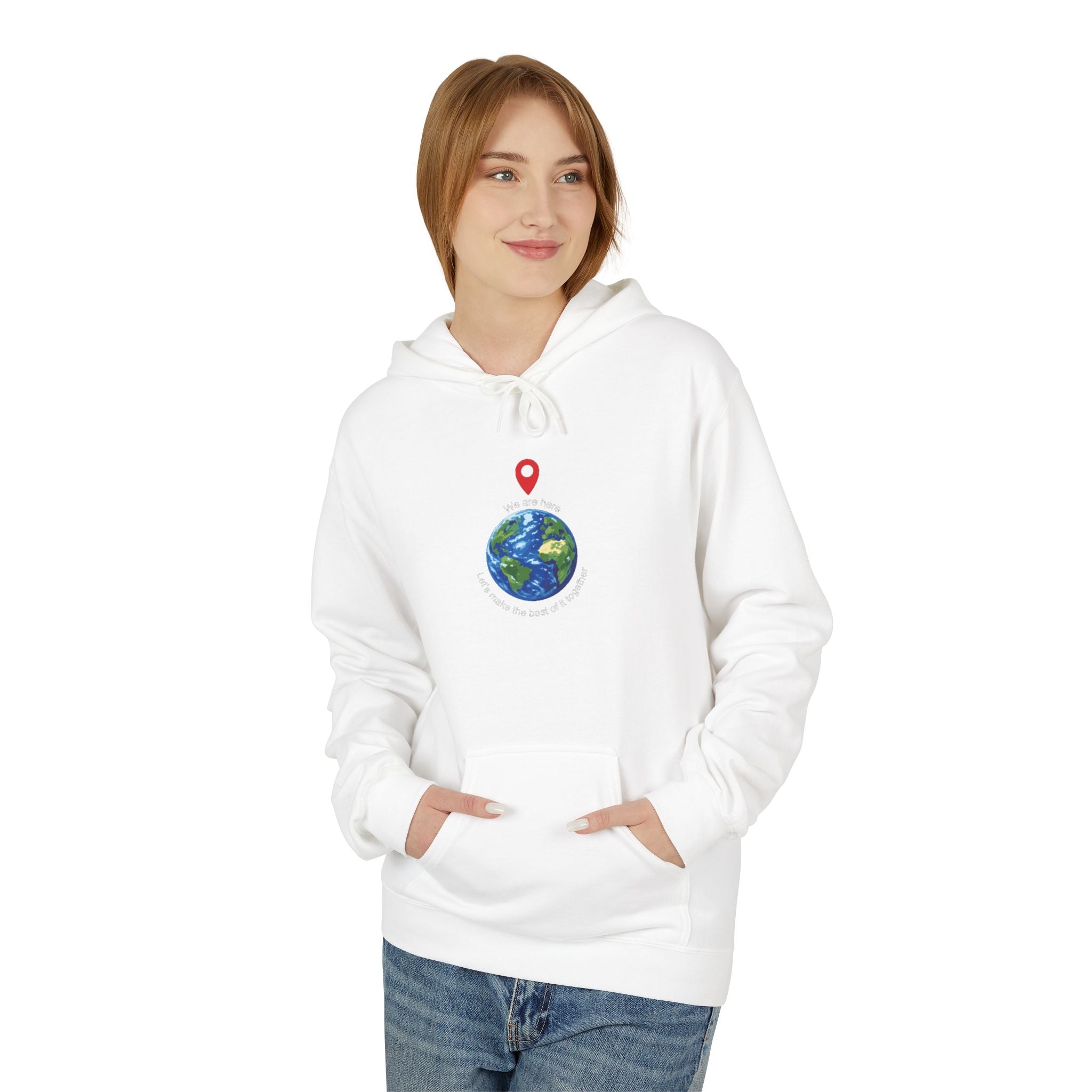 Unisex pullover hoodie with We Are Here emblem in front