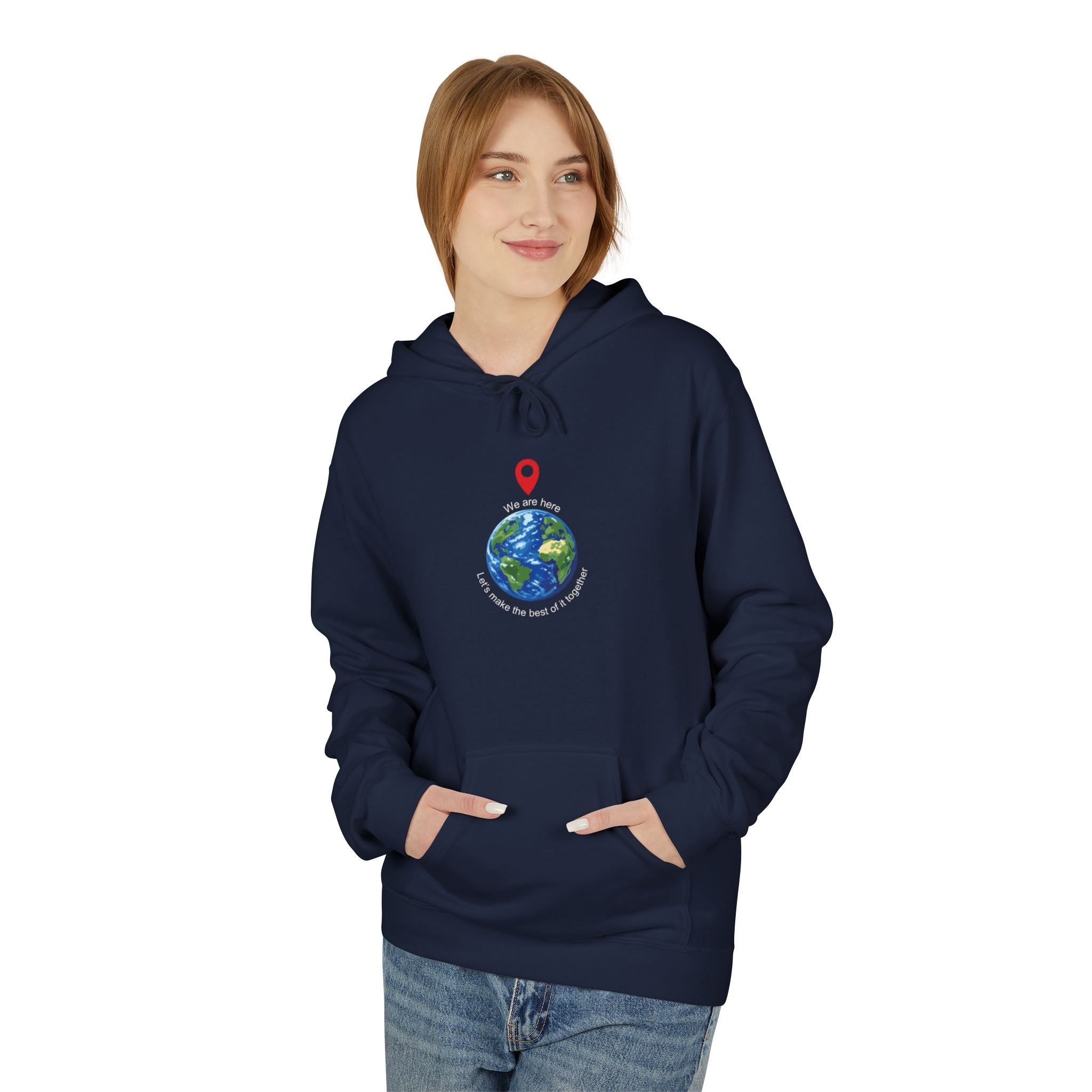 Unisex pullover hoodie with We Are Here emblem in front