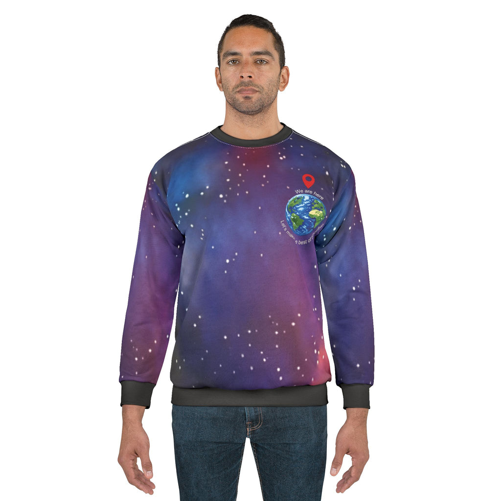 Galaxy Earth Sweatshirt — ‘We Are Here’ Planet Love Crewneck