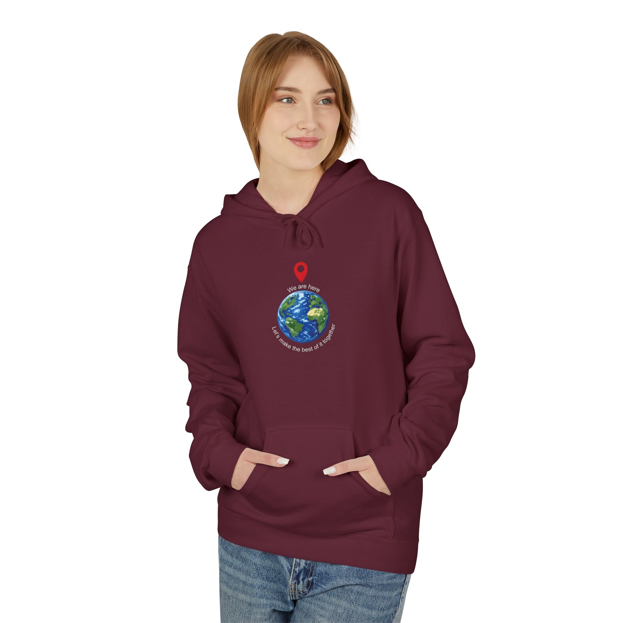Unisex pullover hoodie with We Are Here emblem in front