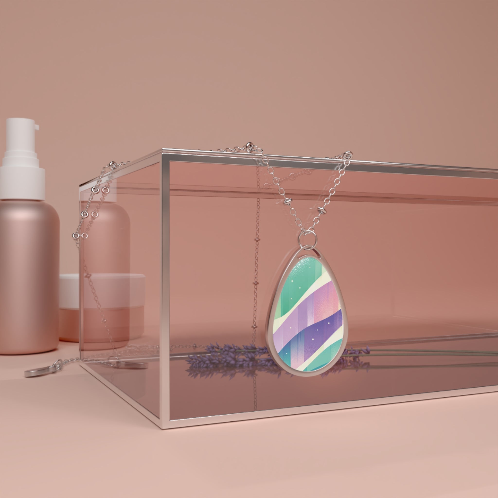 Pastel Wave Oval Necklace — Iridescent Teardrop Pendant Jewelry