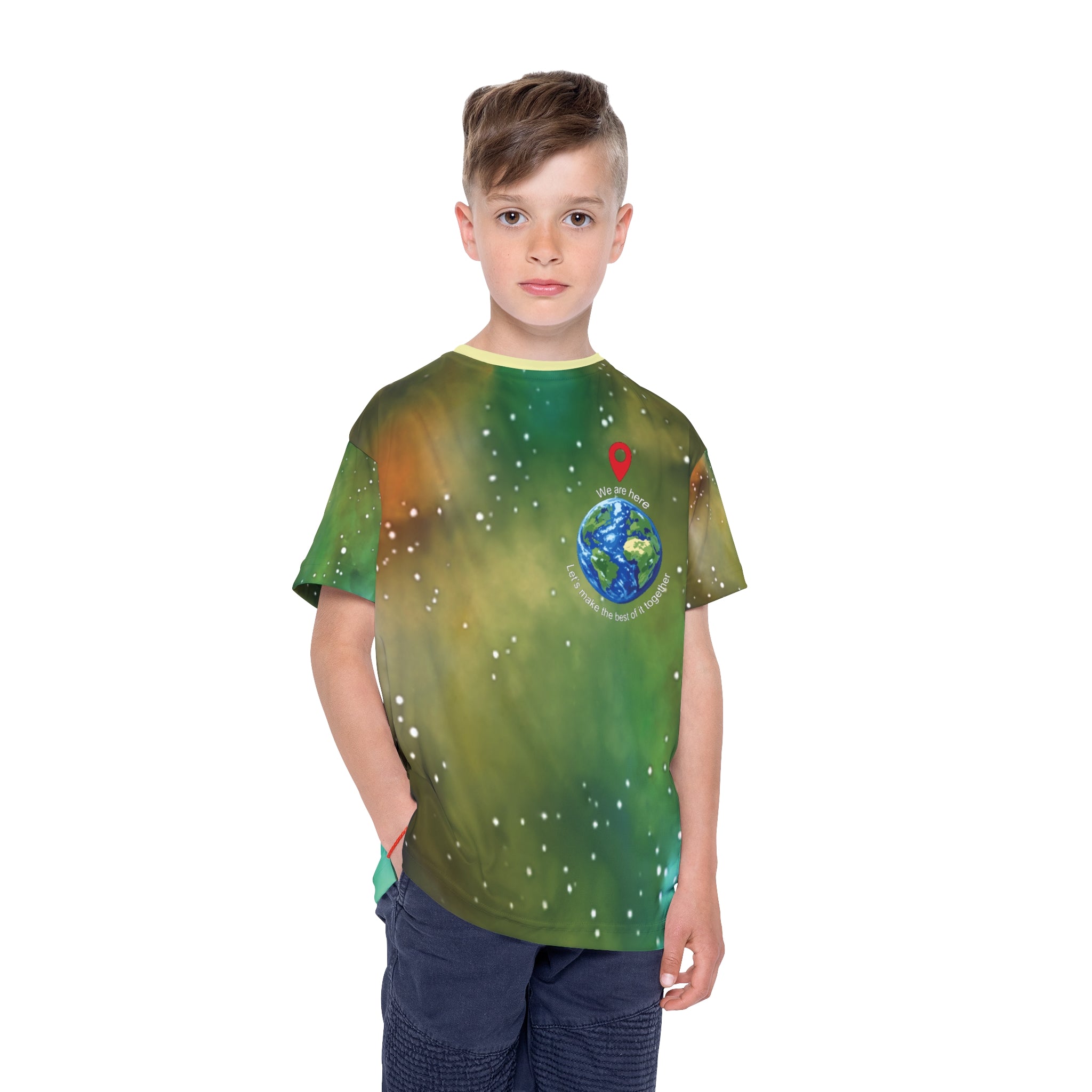 Kids Space Jersey — 'We Are Here' Earth Emblem All-Over Print