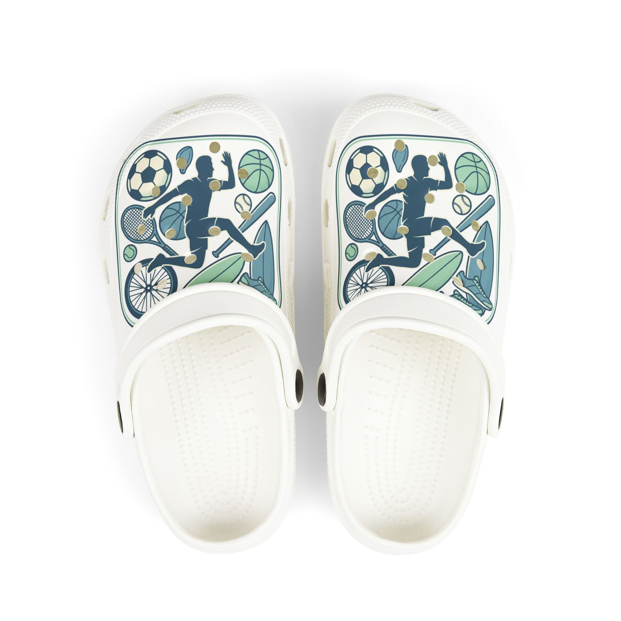 Kids Sports Pattern Foam Clogs — Athletic Soccer, Basketball & Bike Design