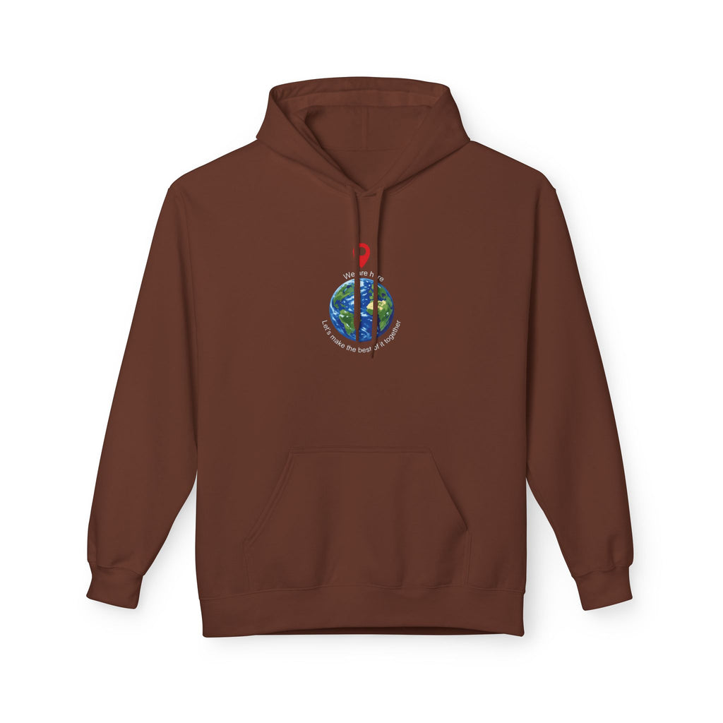 Unisex pullover hoodie with We Are Here emblem in front