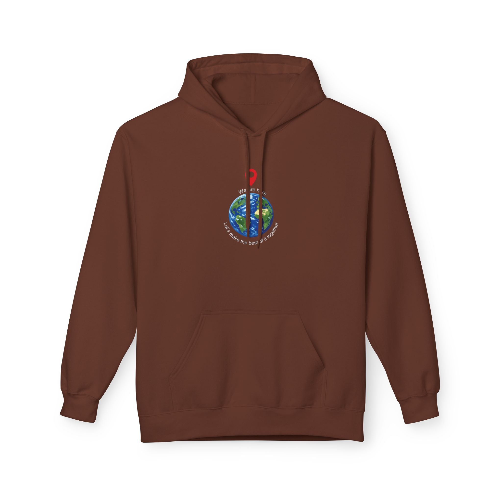 Unisex pullover hoodie with We Are Here emblem in front
