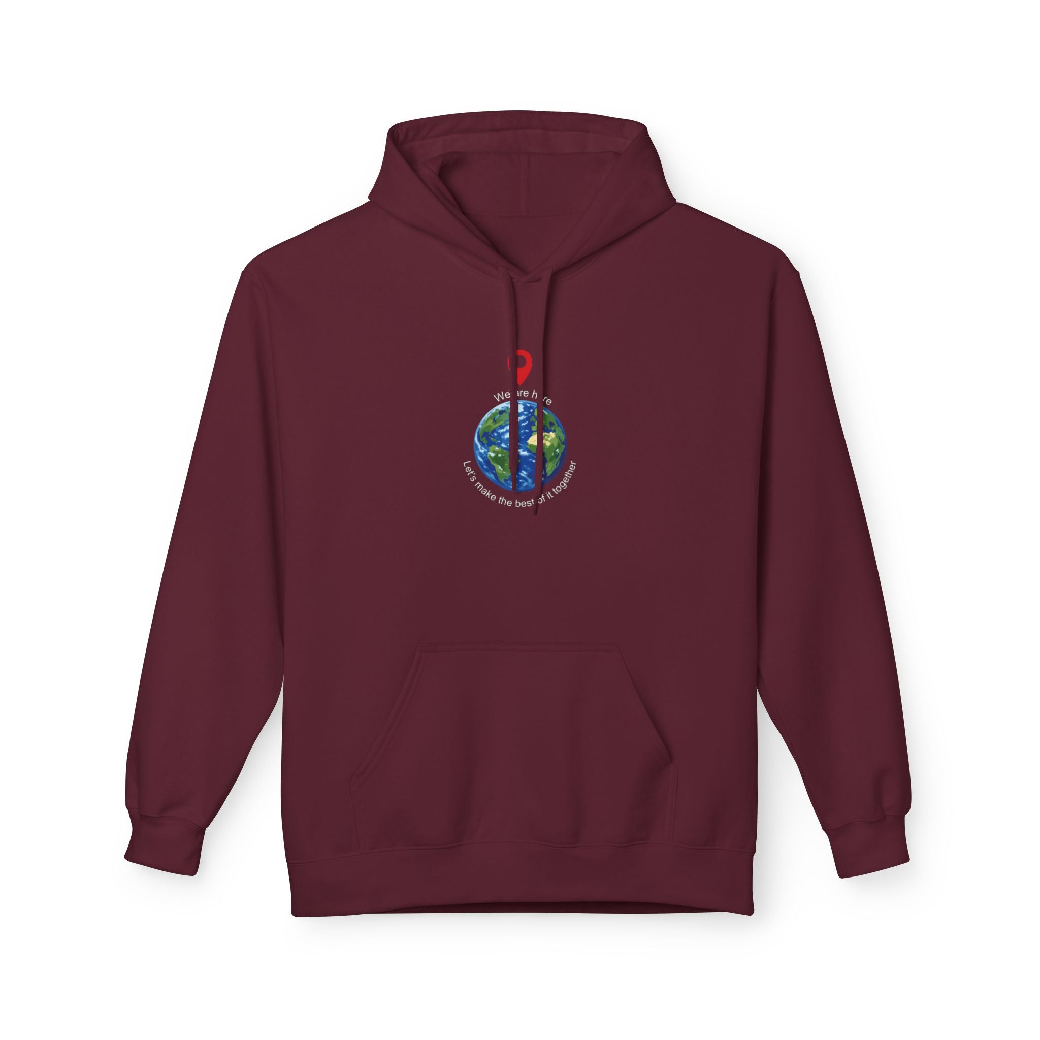 Unisex pullover hoodie with We Are Here emblem in front