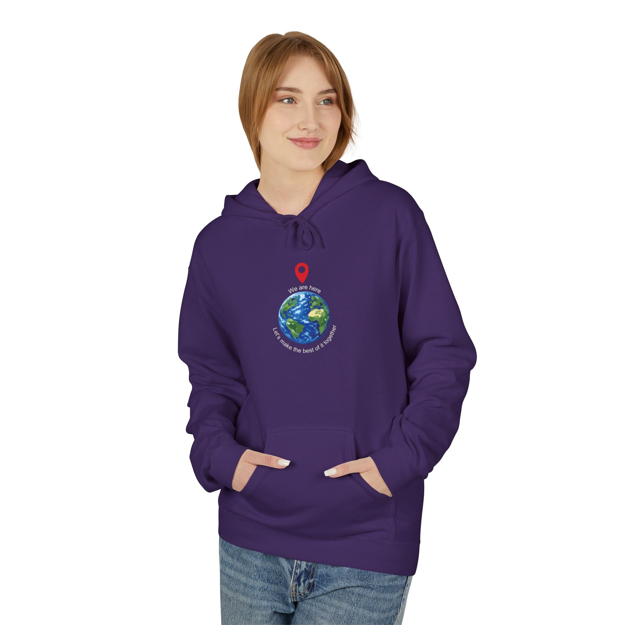 Unisex pullover hoodie with We Are Here emblem in front