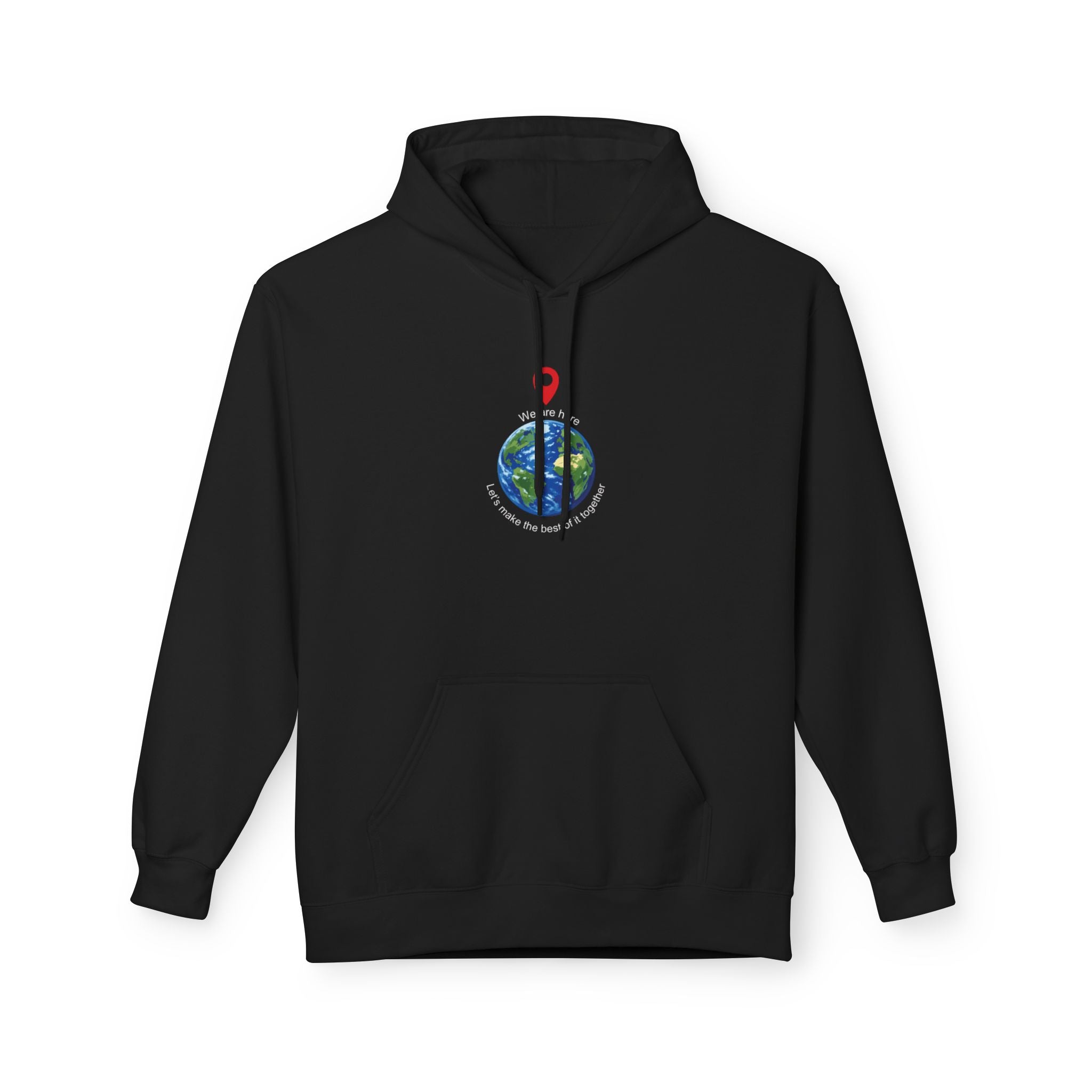 Unisex pullover hoodie with We Are Here emblem in front
