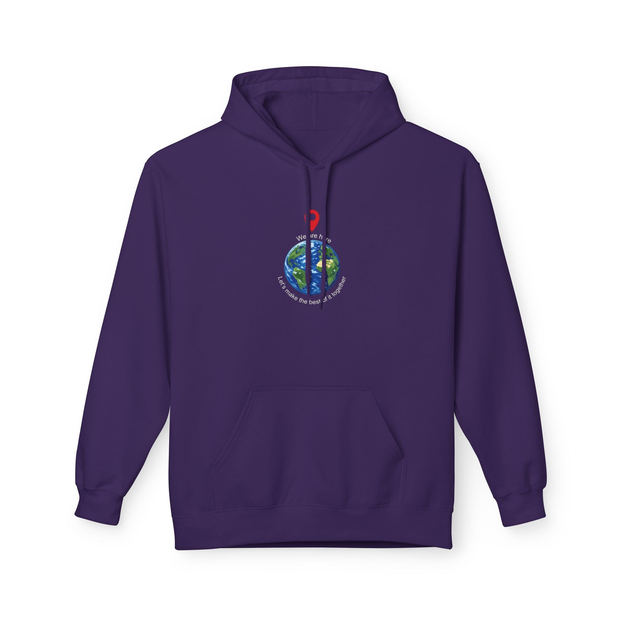 Unisex pullover hoodie with We Are Here emblem in front