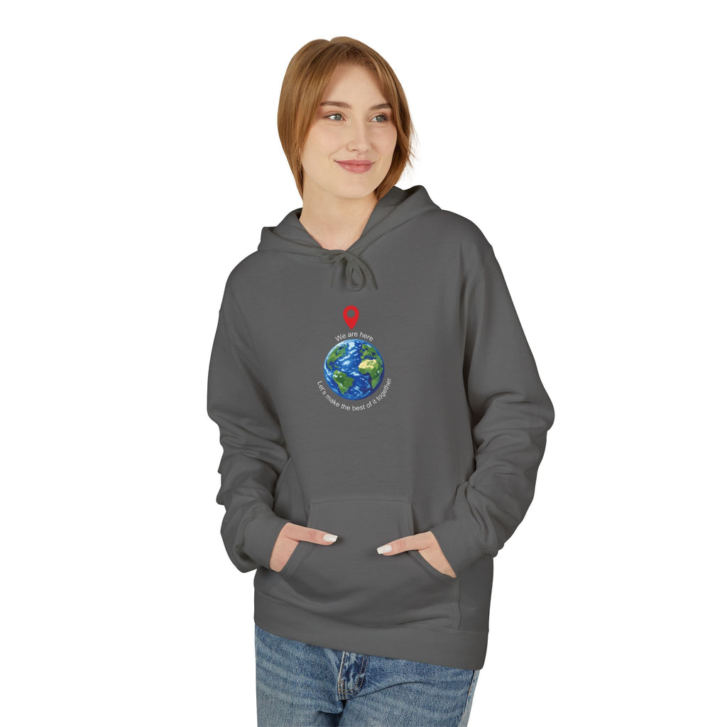 Unisex pullover hoodie with We Are Here emblem in front