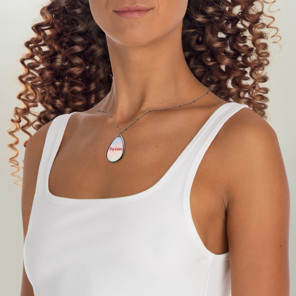 Iridescent Oval Pendant Necklace — Sterling Teardrop Locket with subtle suggestion to Try Love as a way to be.