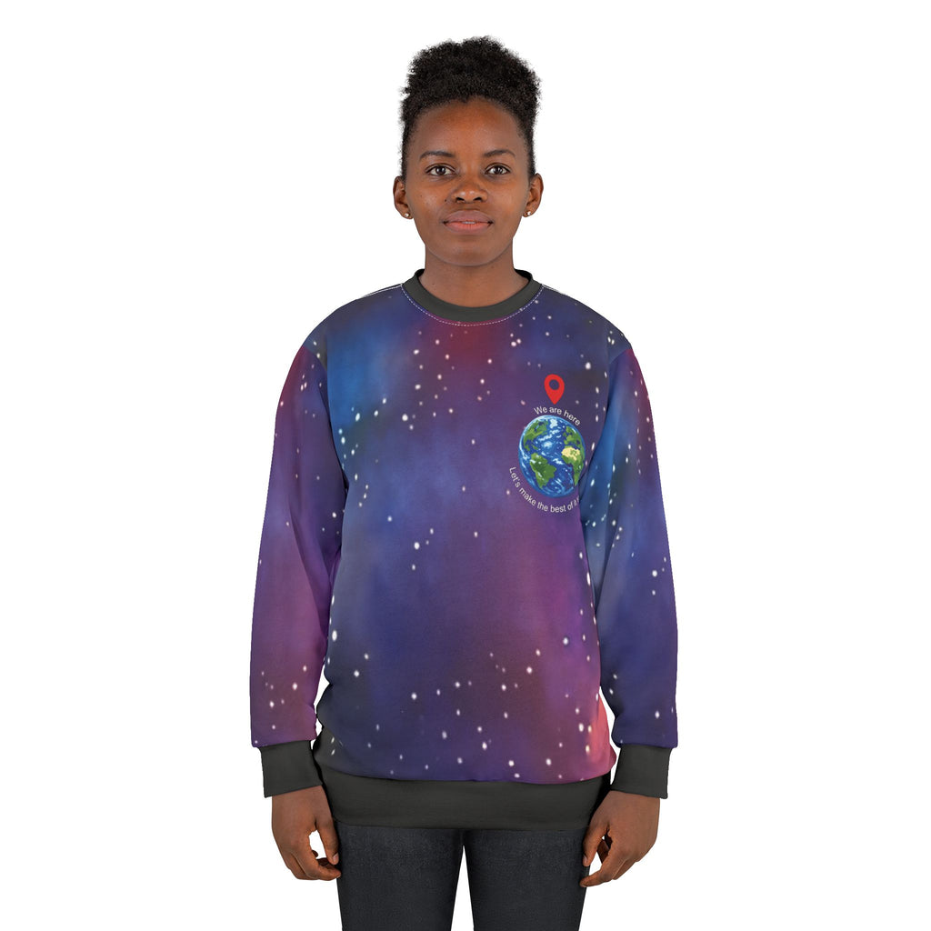Galaxy Earth Sweatshirt — ‘We Are Here’ Planet Love Crewneck