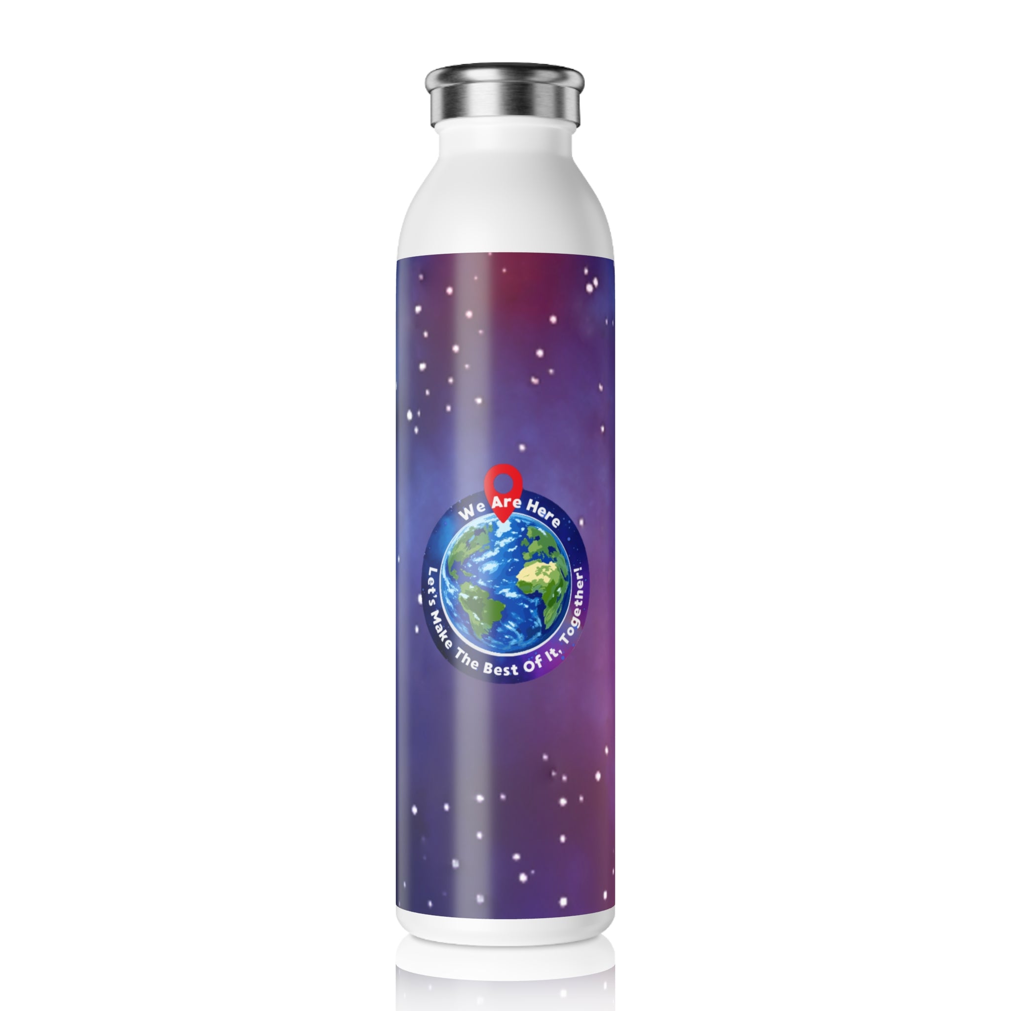Slim Water Bottle — "We Are Here" Earth Space Design Stainless Steel Bottle