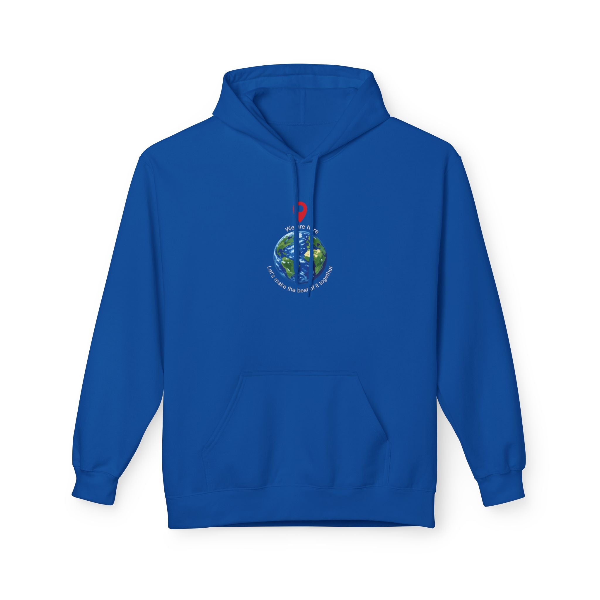 Unisex pullover hoodie with We Are Here emblem in front