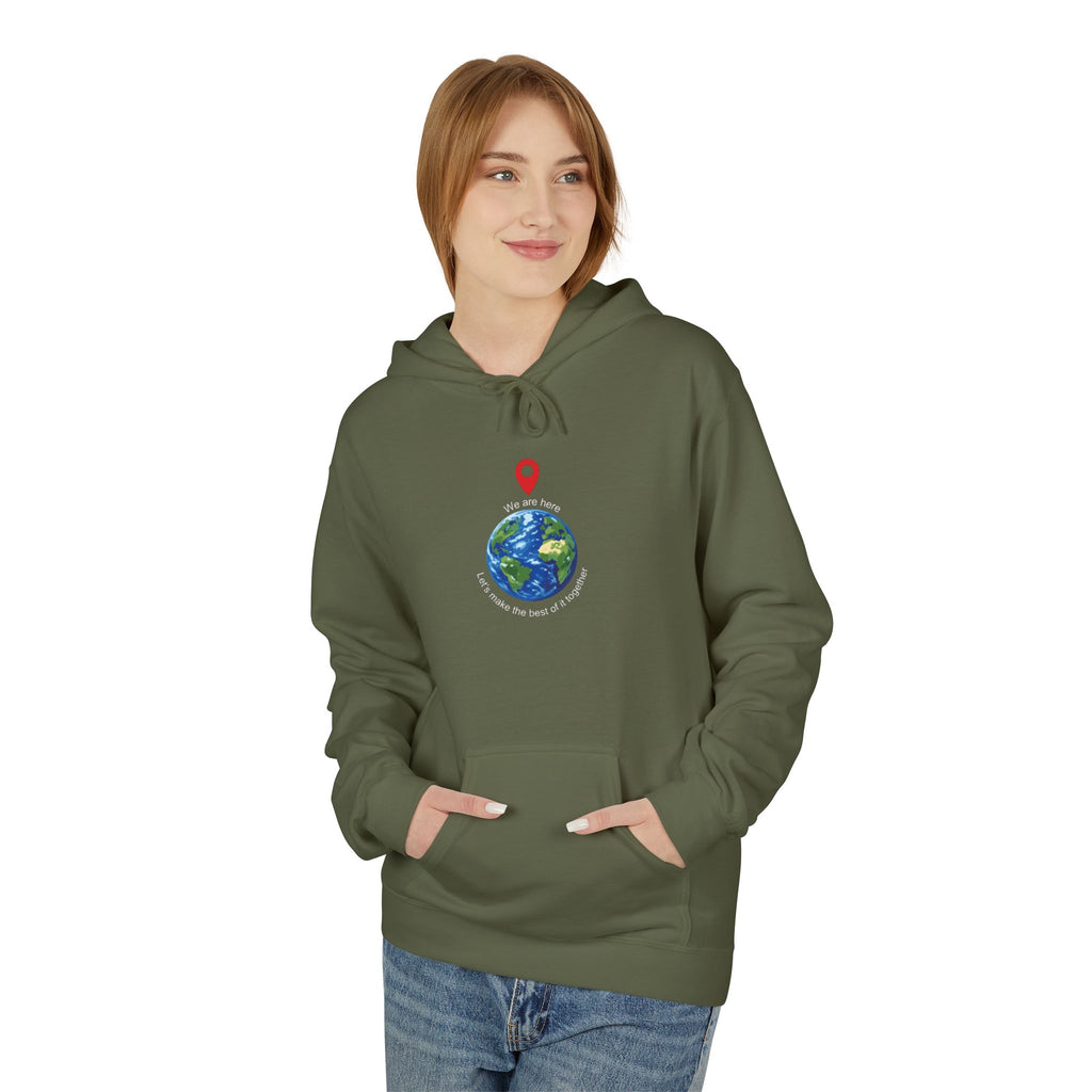 Unisex pullover hoodie with We Are Here emblem in front