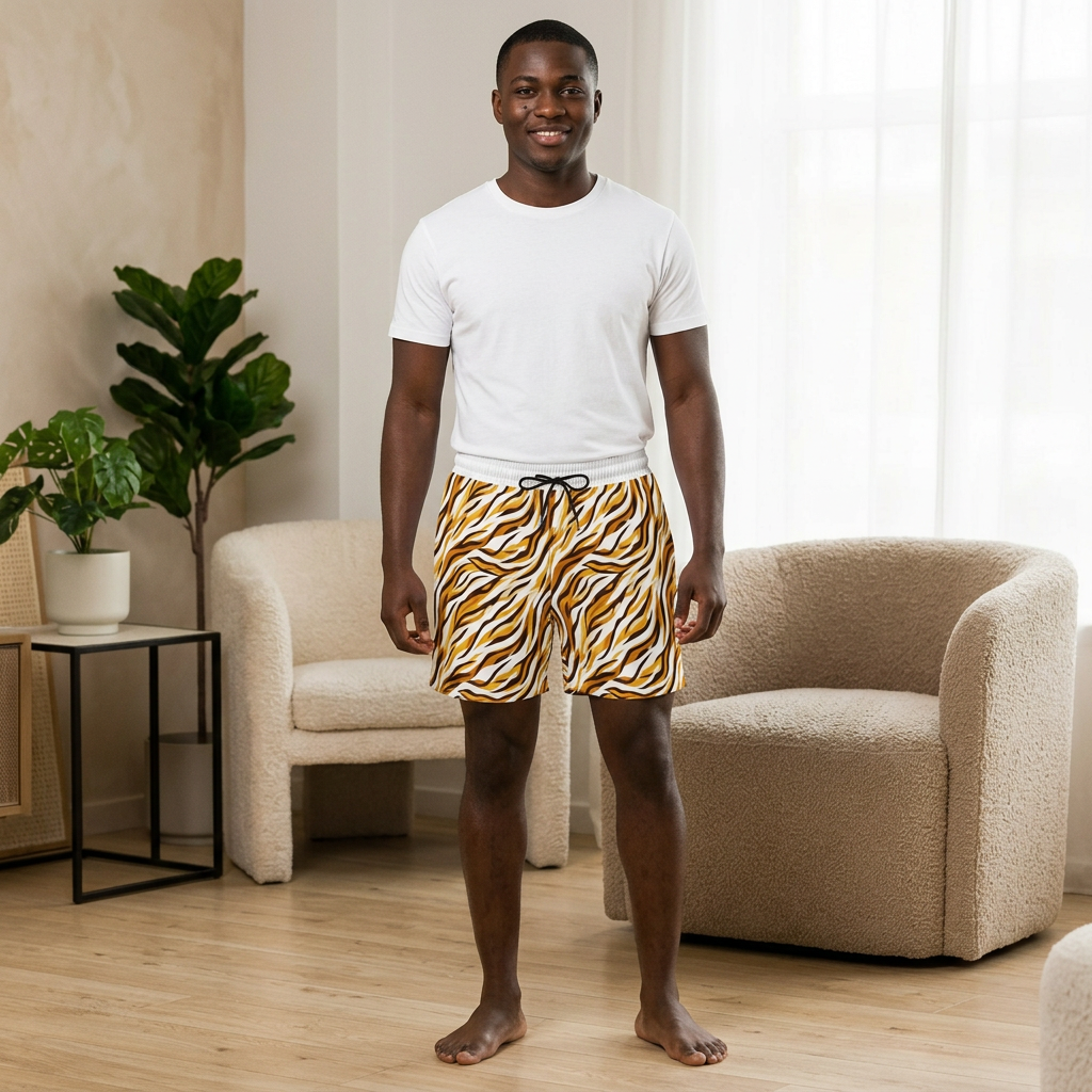 Tiger Stripe Swim Shorts — Retro Animal Print Men’s Beach Trunks