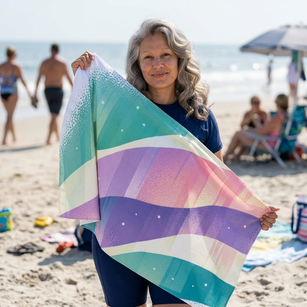 Pastel Wave Beach Towel — Tropical Mint, Lavender & Coral Striped Sand Towel
