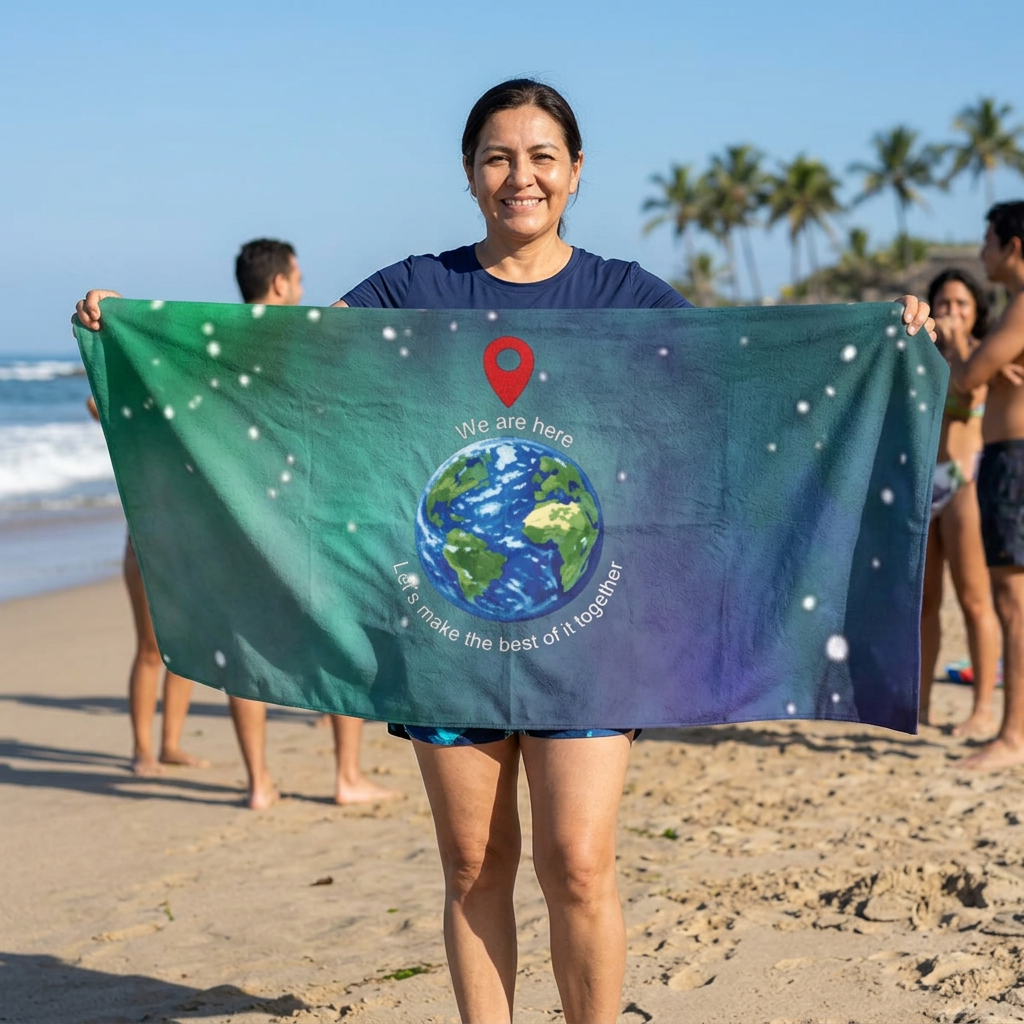 Beach Towel - “We Are Here” Earth Design with GPS Pin | Inspirational Travel & Eco Vibe