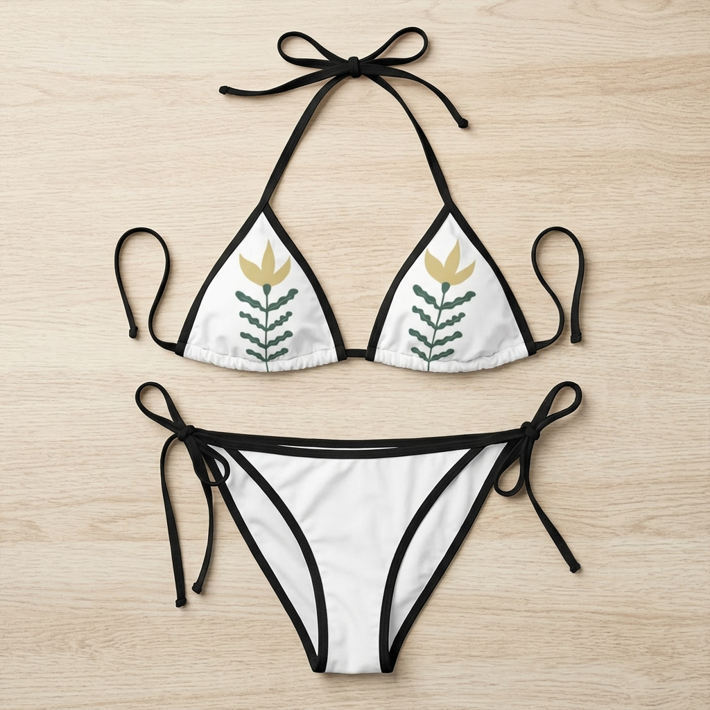Floral Leaf Triangle Bikini — White Botanical Print Swimsuit