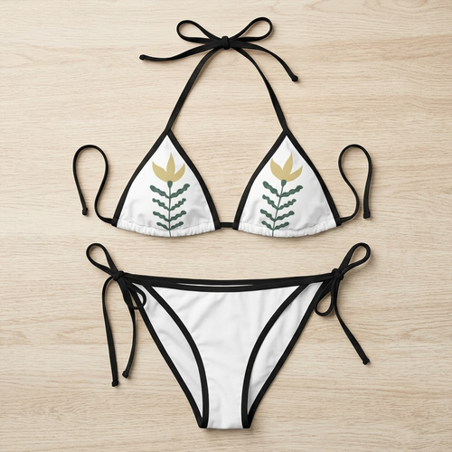 Floral Leaf Triangle Bikini — White Botanical Print Swimsuit