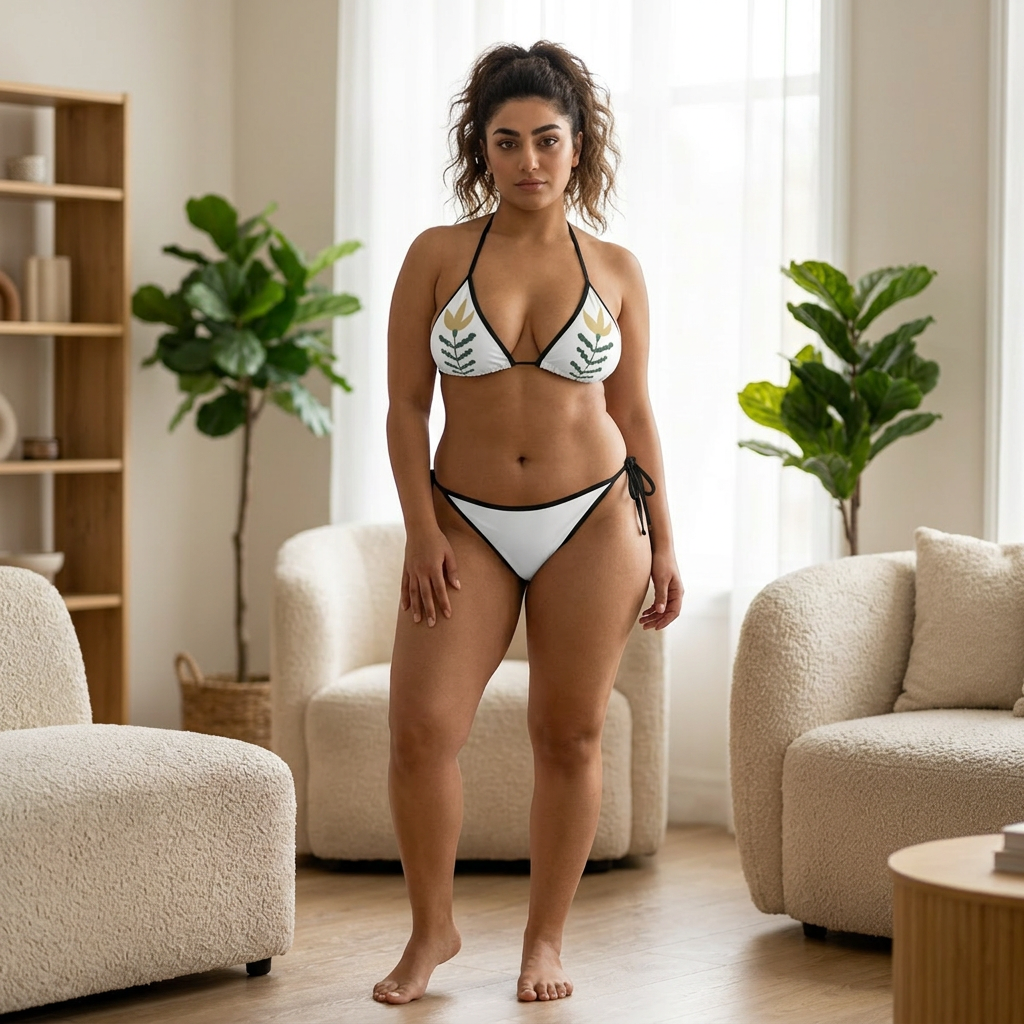 Floral Leaf Triangle Bikini — White Botanical Print Swimsuit