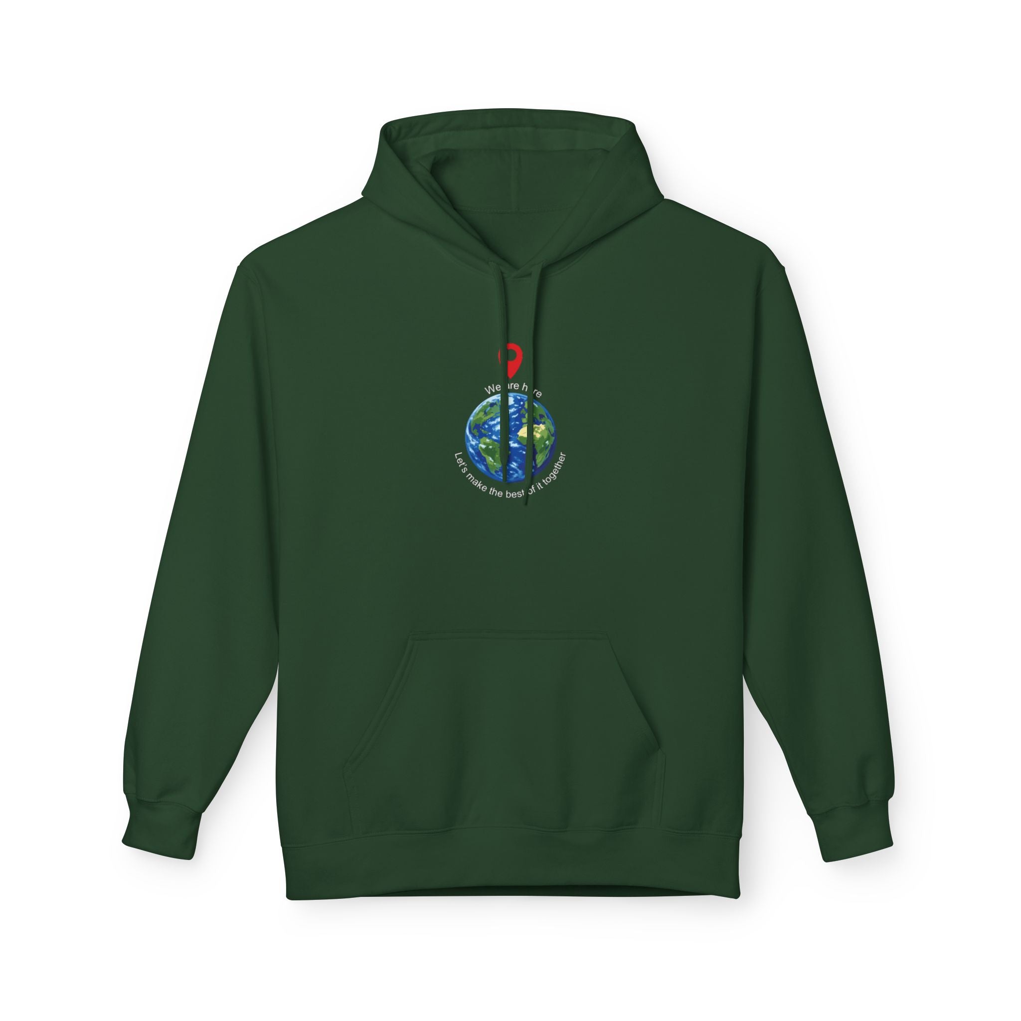 Unisex pullover hoodie with We Are Here emblem in front