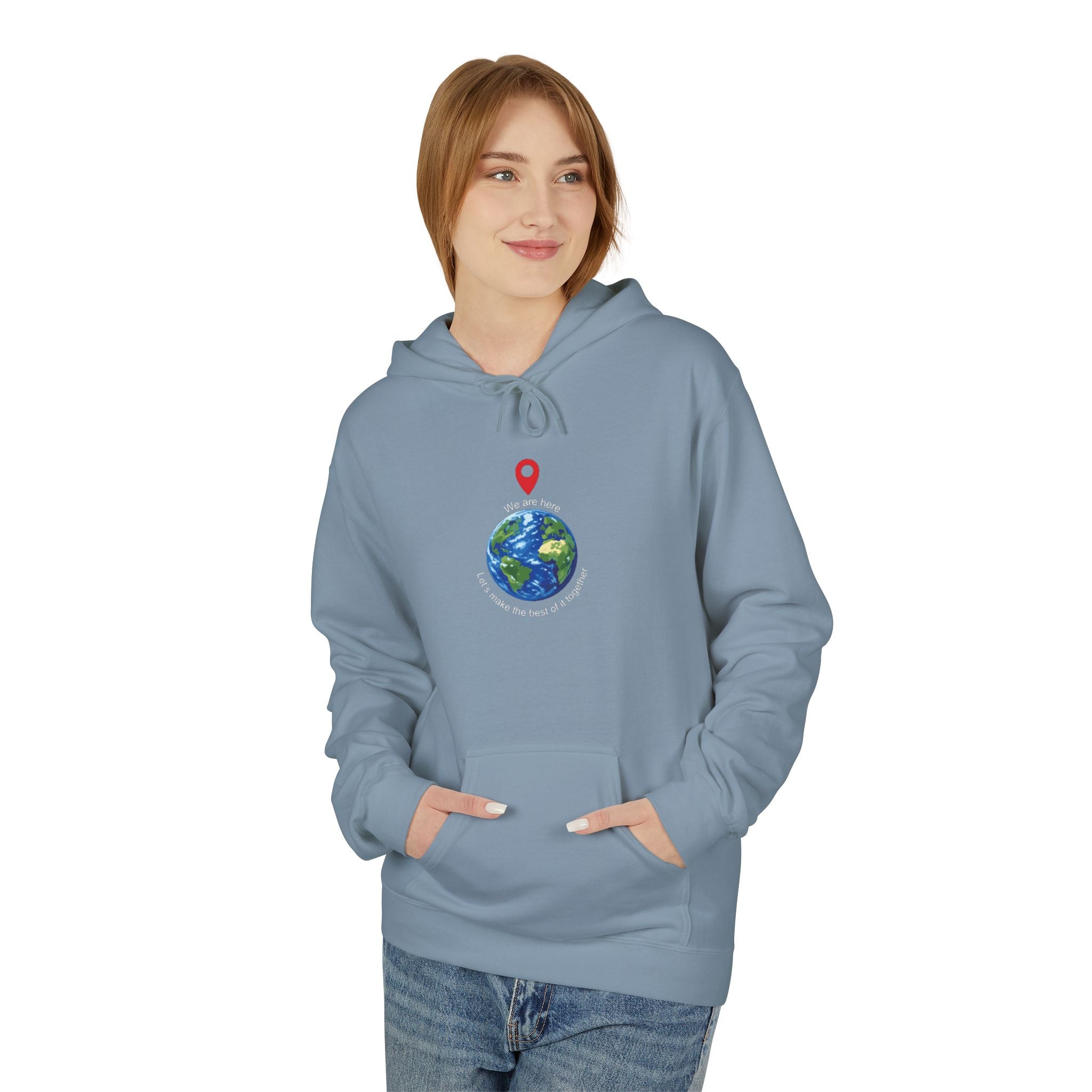 Unisex pullover hoodie with We Are Here emblem in front