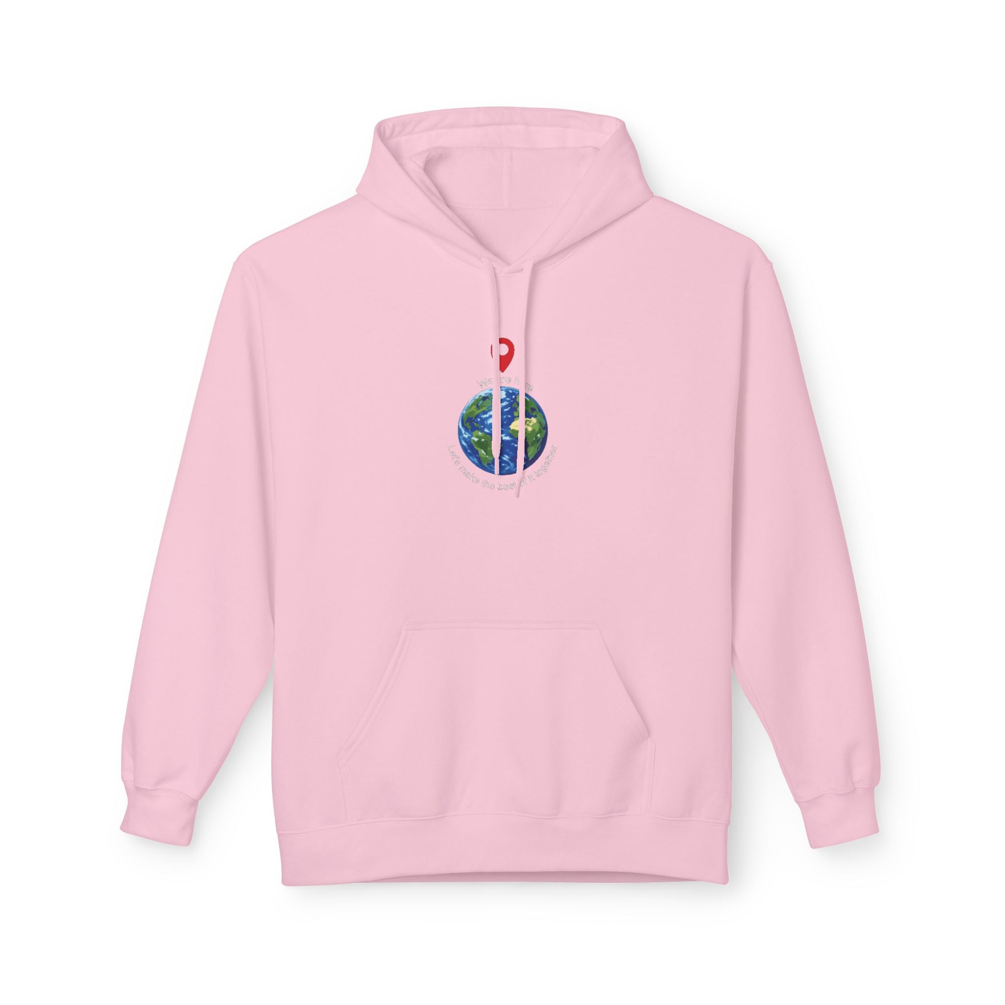Unisex pullover hoodie with We Are Here emblem in front