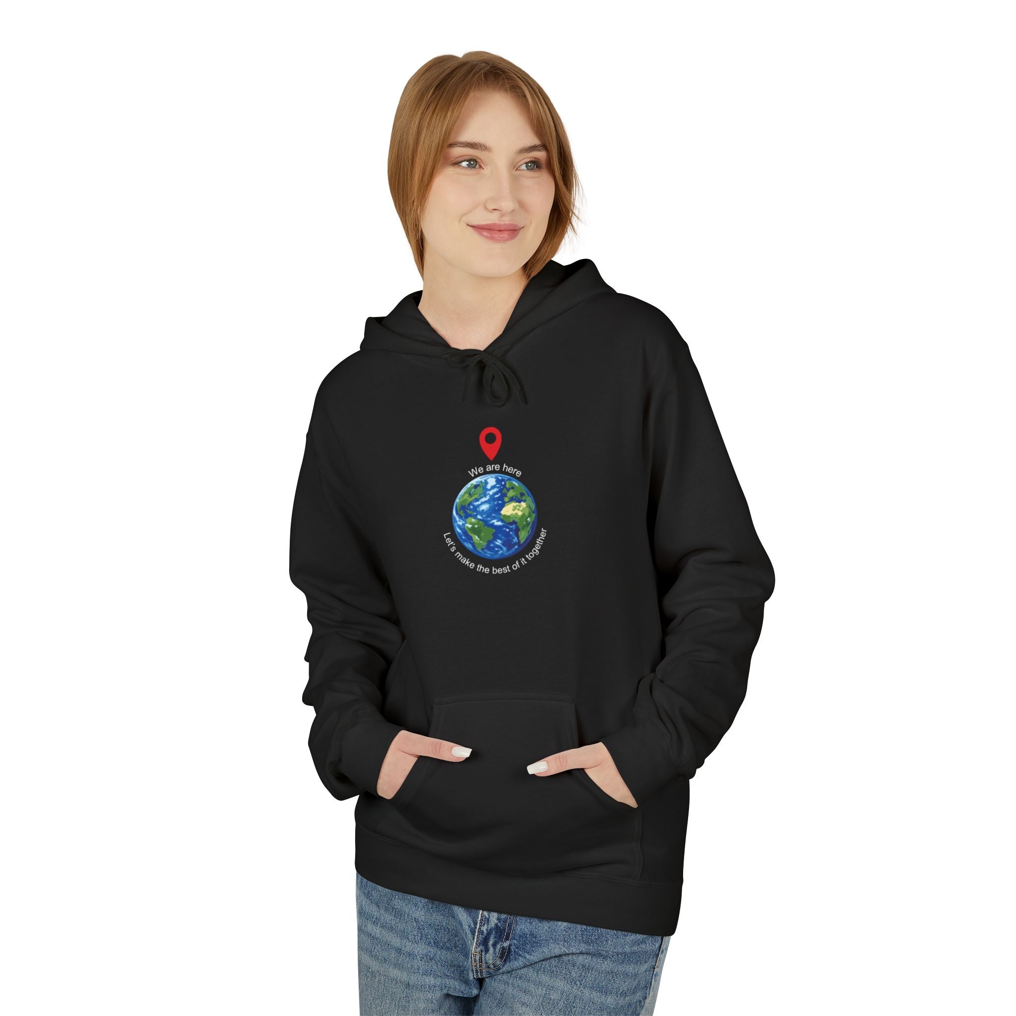 Unisex pullover hoodie with We Are Here emblem in front