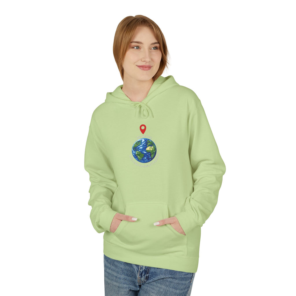 Unisex pullover hoodie with We Are Here emblem in front