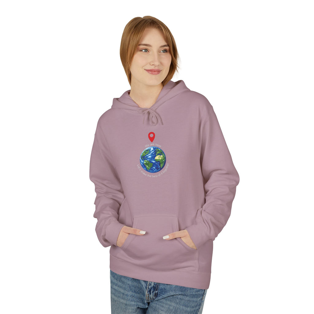 Unisex pullover hoodie with We Are Here emblem in front