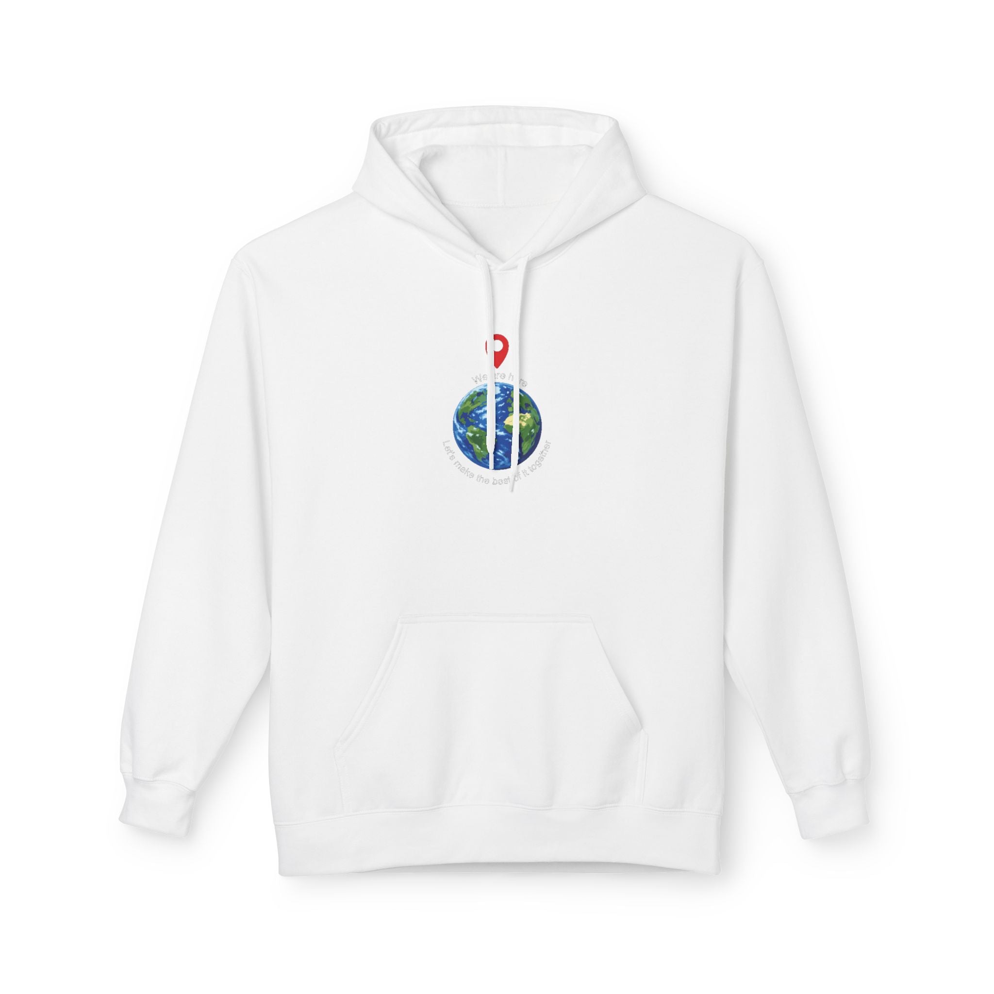 Unisex pullover hoodie with We Are Here emblem in front