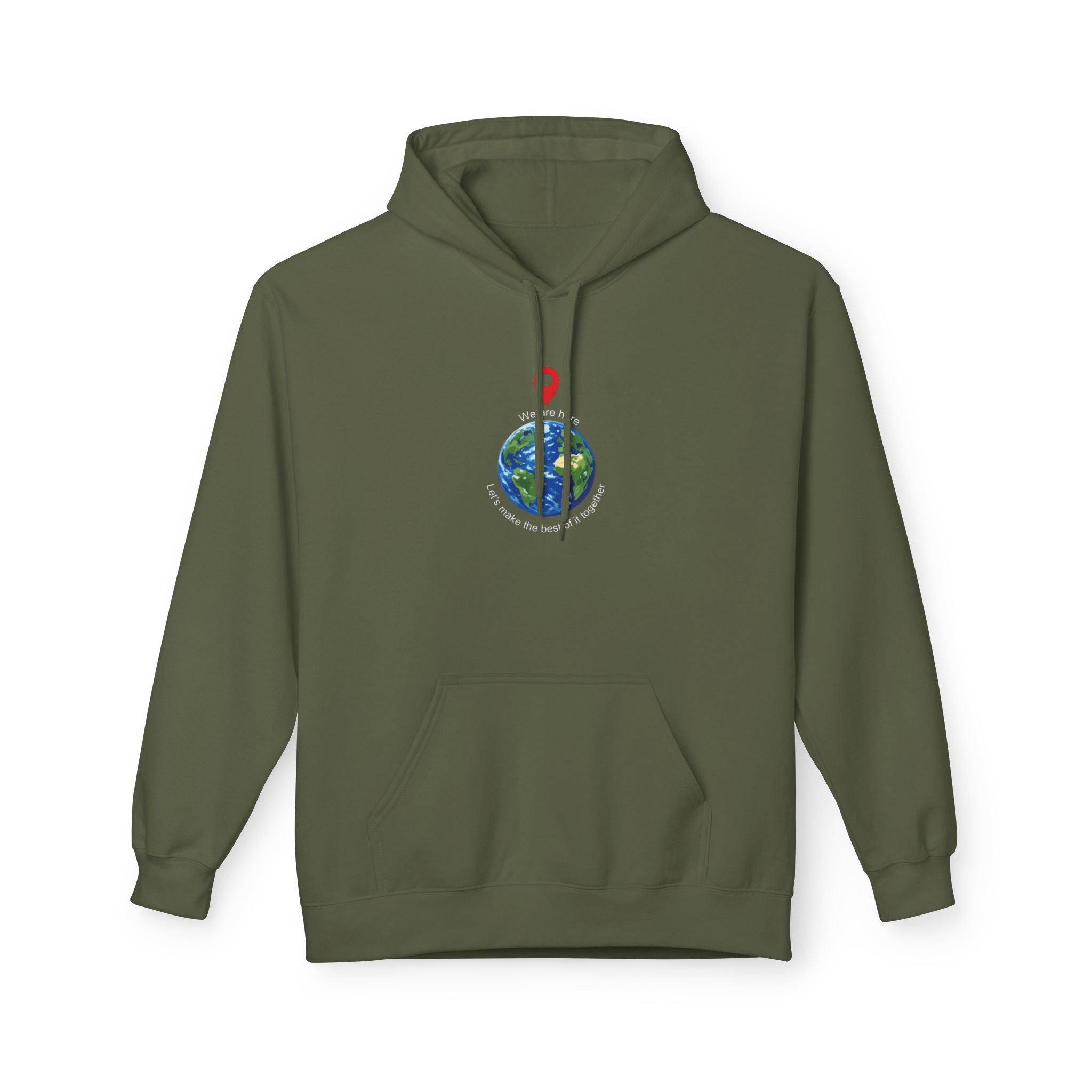 Unisex pullover hoodie with We Are Here emblem in front