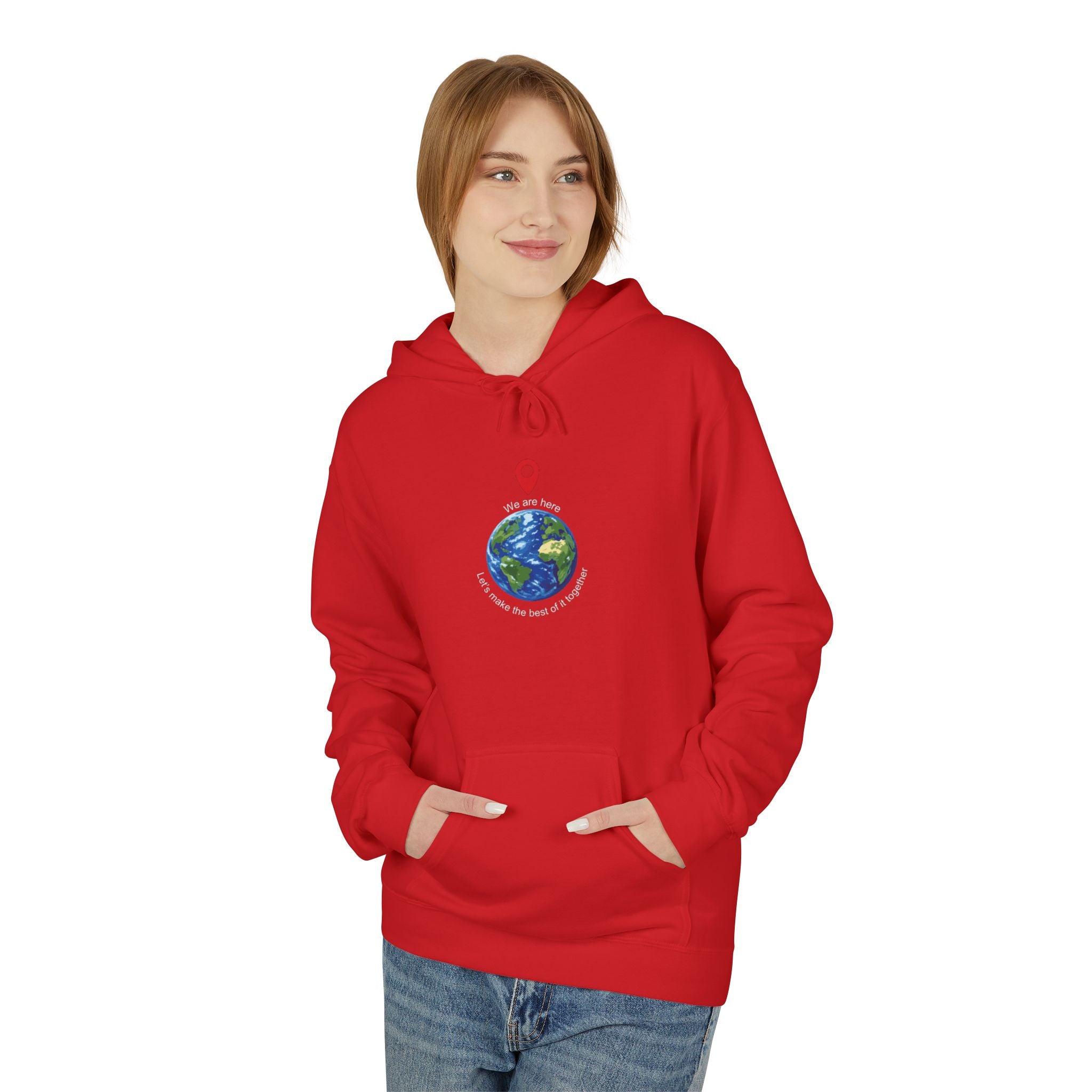 Unisex pullover hoodie with We Are Here emblem in front