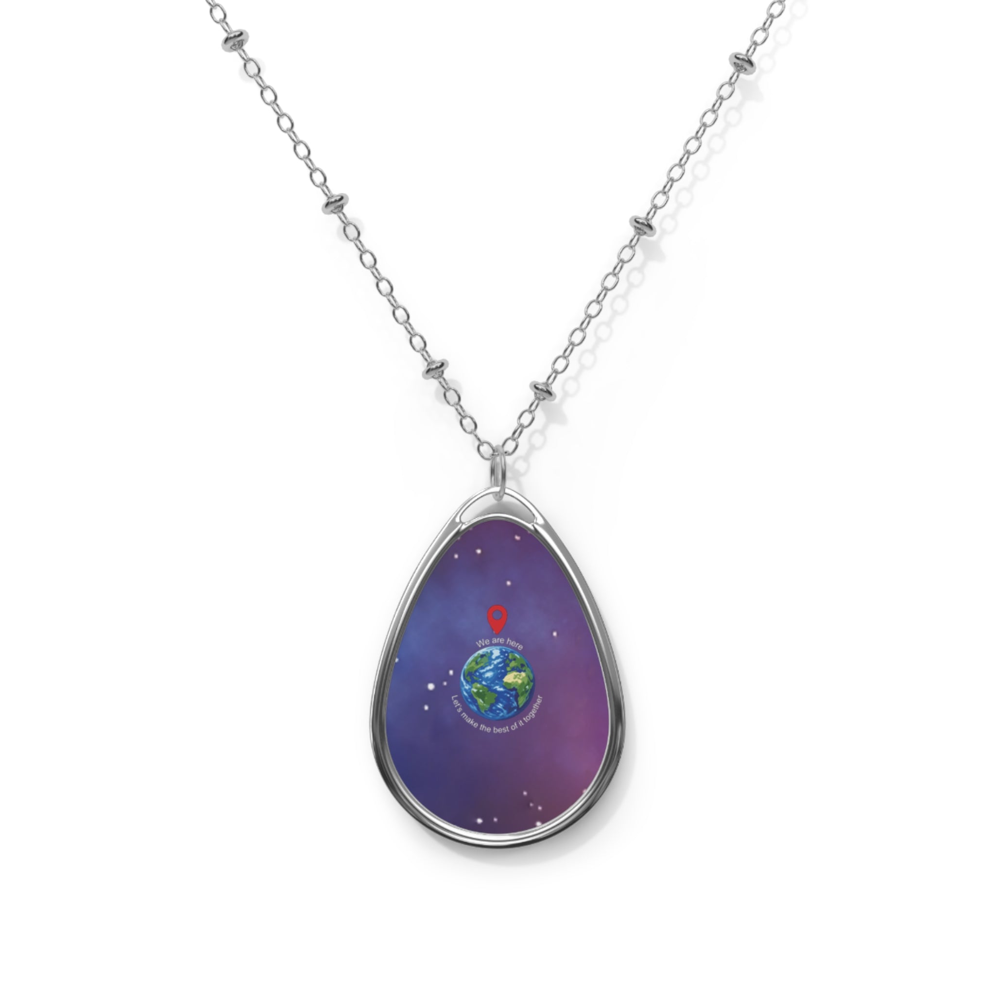 Earth Heart Oval Necklace — Teardrop Pendant with Globe & Location Pin