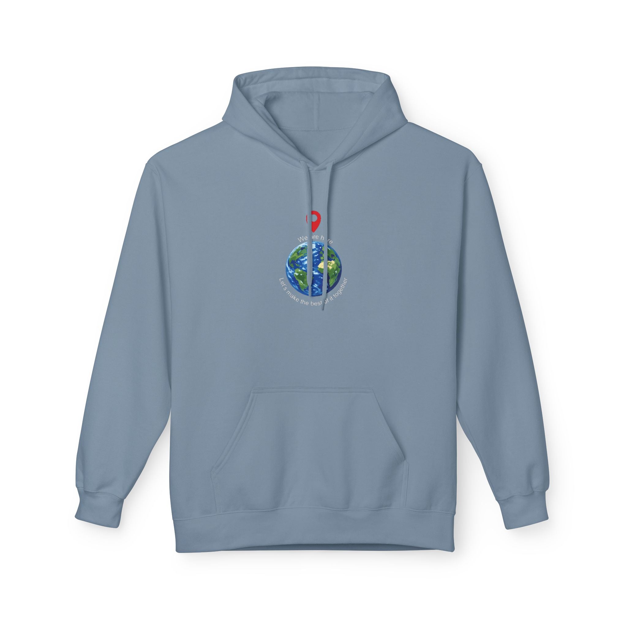 Unisex pullover hoodie with We Are Here emblem in front