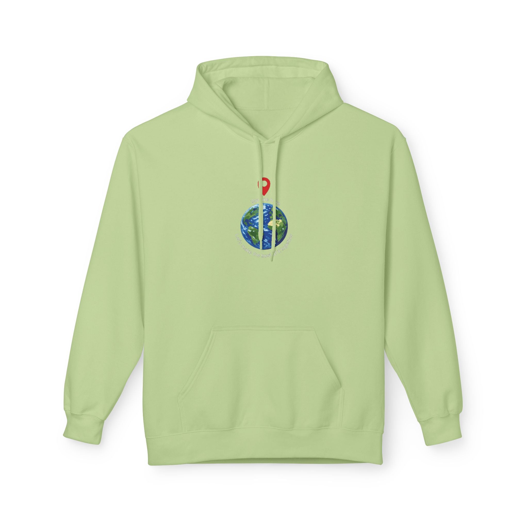 Unisex pullover hoodie with We Are Here emblem in front