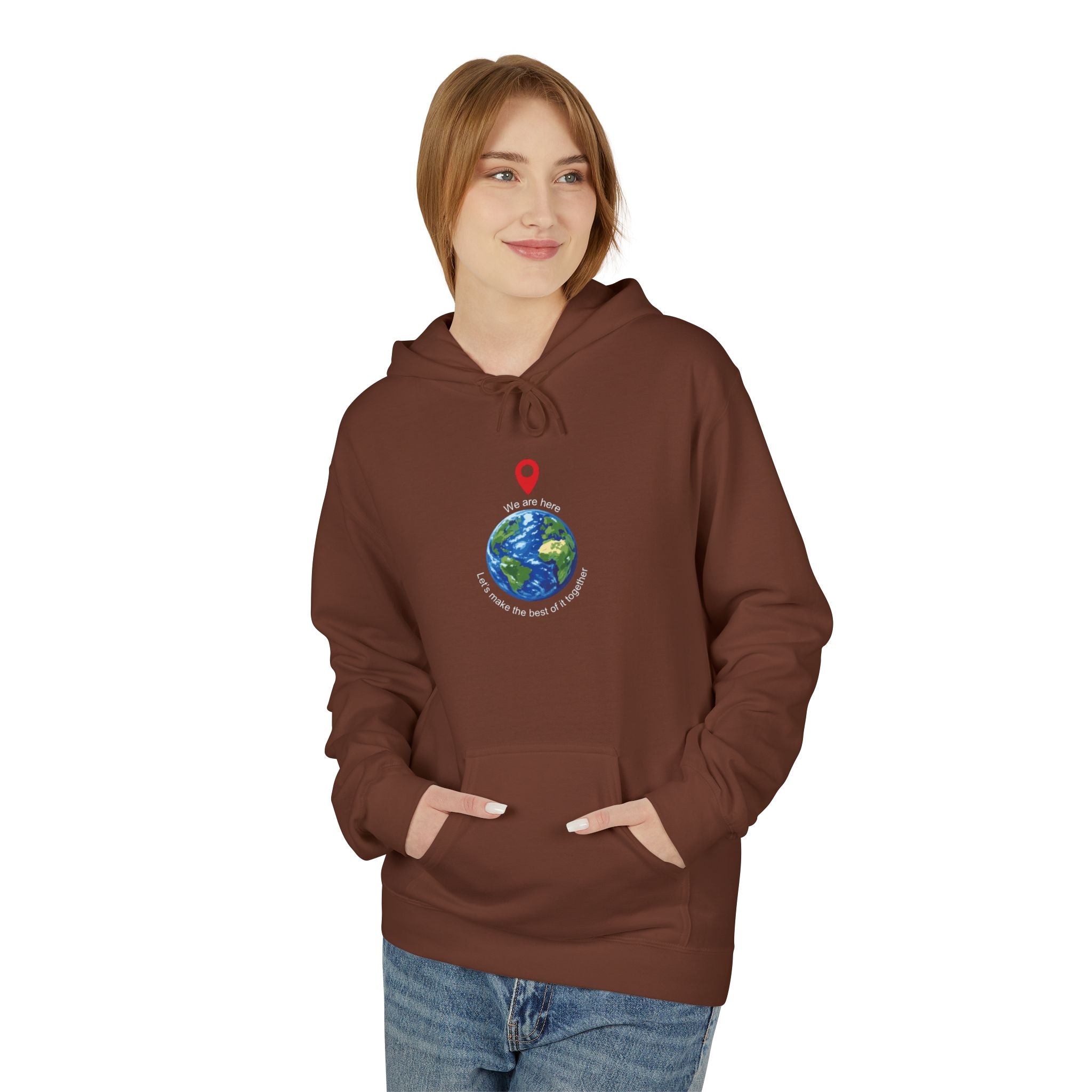 Unisex pullover hoodie with We Are Here emblem in front